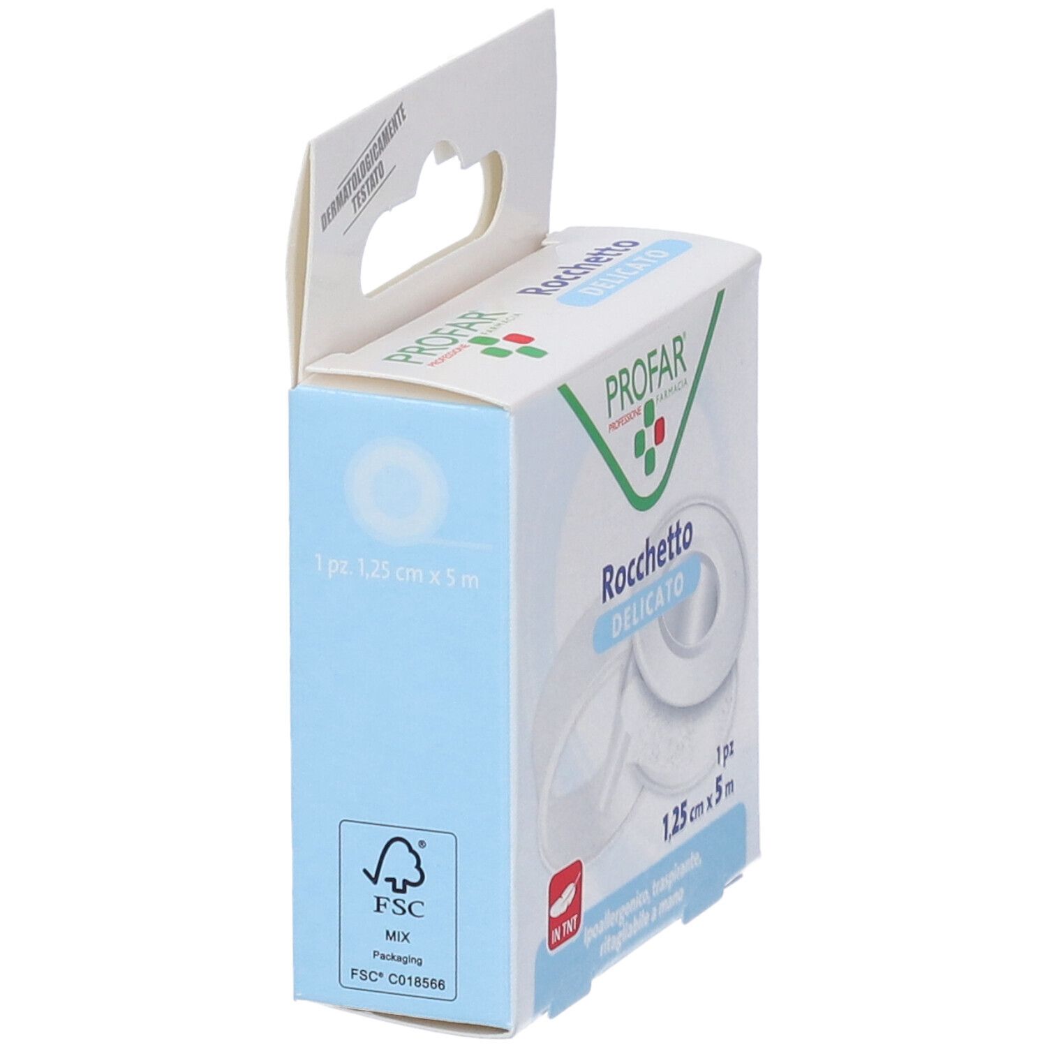 Confezione Profar Cerotto Rocchetto, vista laterale. Scatola blu e bianca con informazioni e logo FSC.