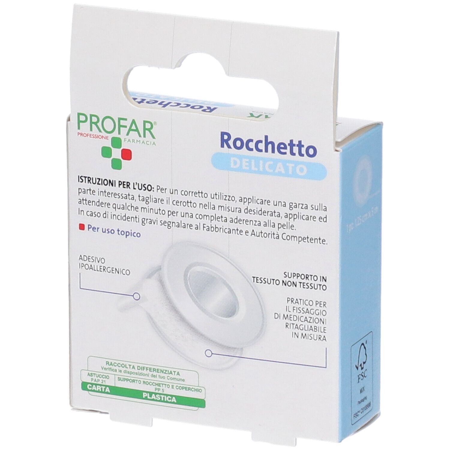 Retro della confezione Profar Cerotto Rocchetto. Testo sull'uso e materiale. Istruzioni per il riciclo.