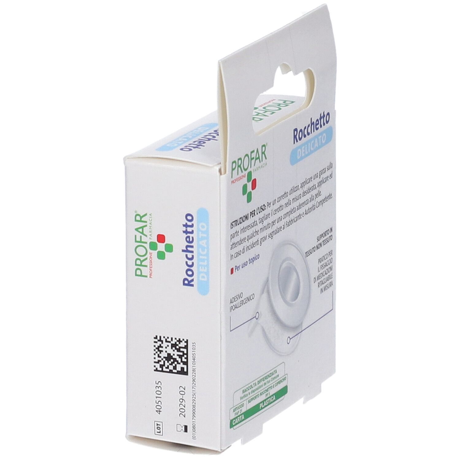 Confezione Profar Cerotto Rocchetto, vista laterale. Codice QR e informazioni prodotto. Scatola blu e bianca.