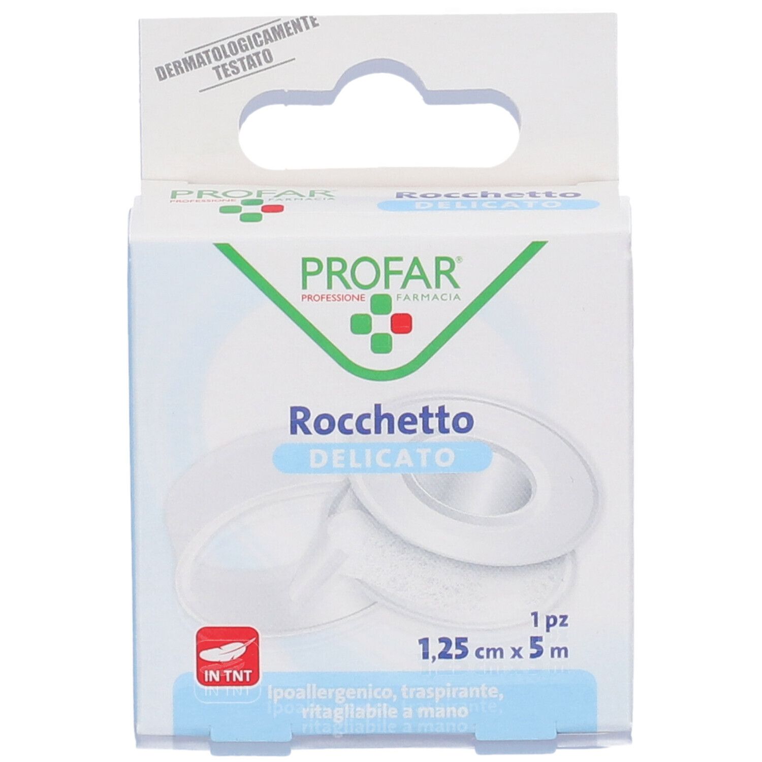 Confezione Profar Cerotto Rocchetto. Scatola bianca con immagine e testo del prodotto. 1,25cm x 5m.