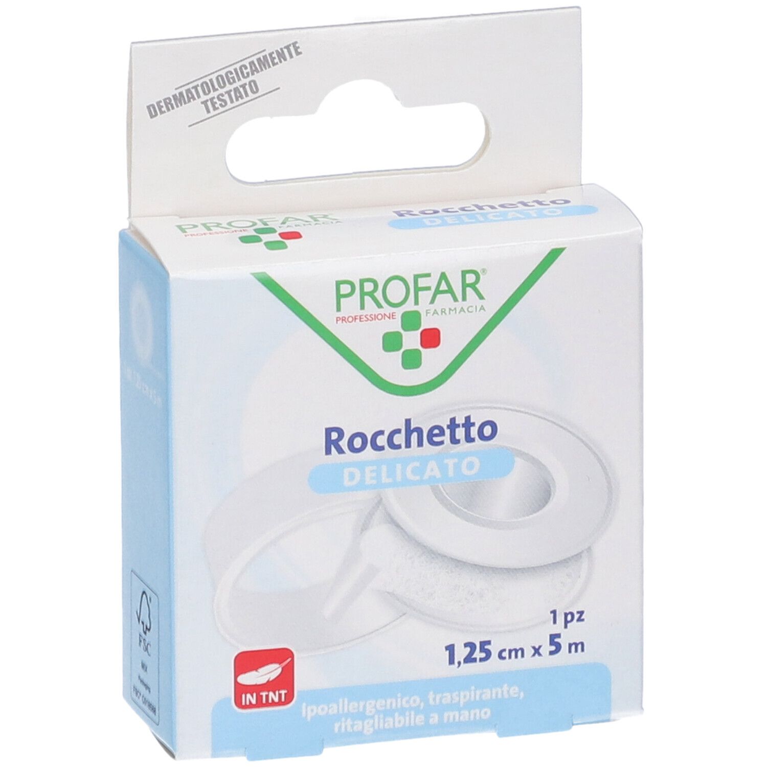 Confezione Profar Cerotto Rocchetto. Scatola bianca con immagine e testo del prodotto. 1,25cm x 5m.