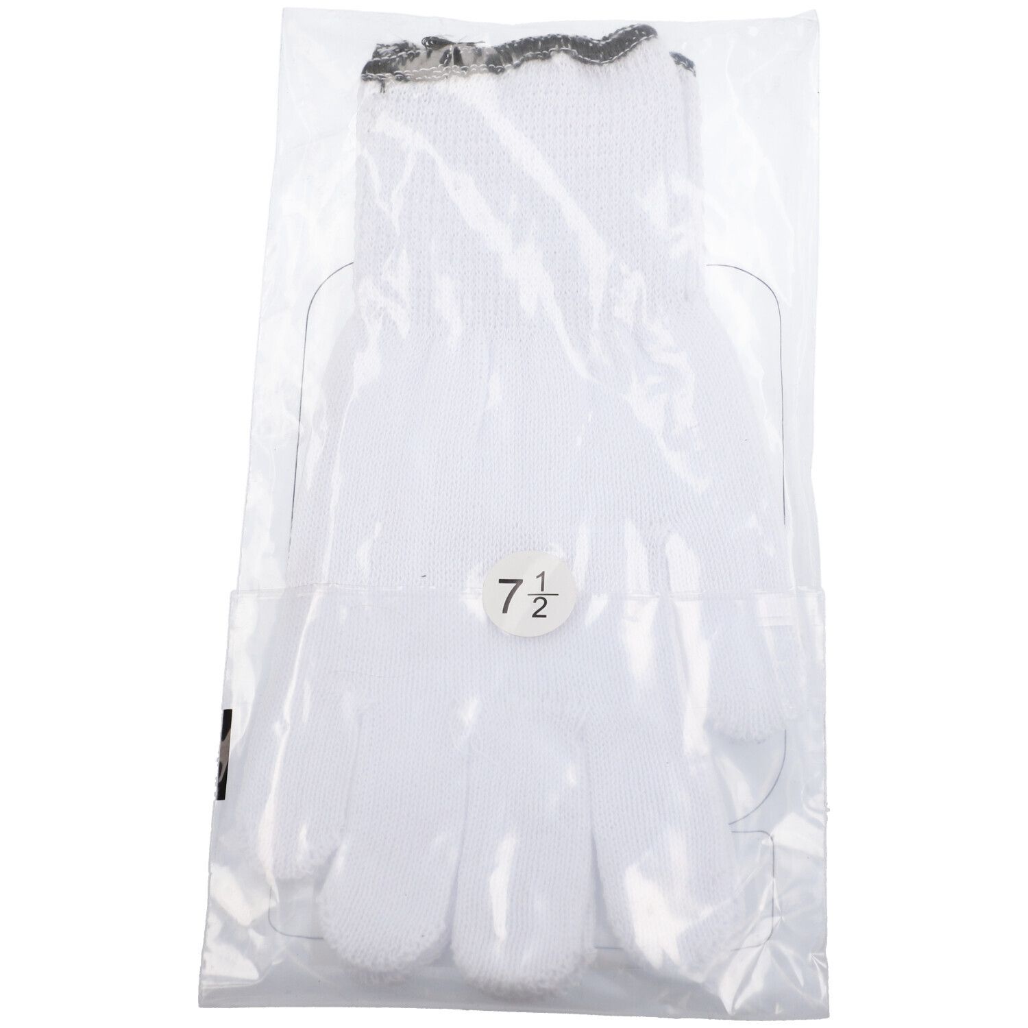Guanti bianchi in cotone in confezione di plastica. Misura 7,5 visibile sul guanto.