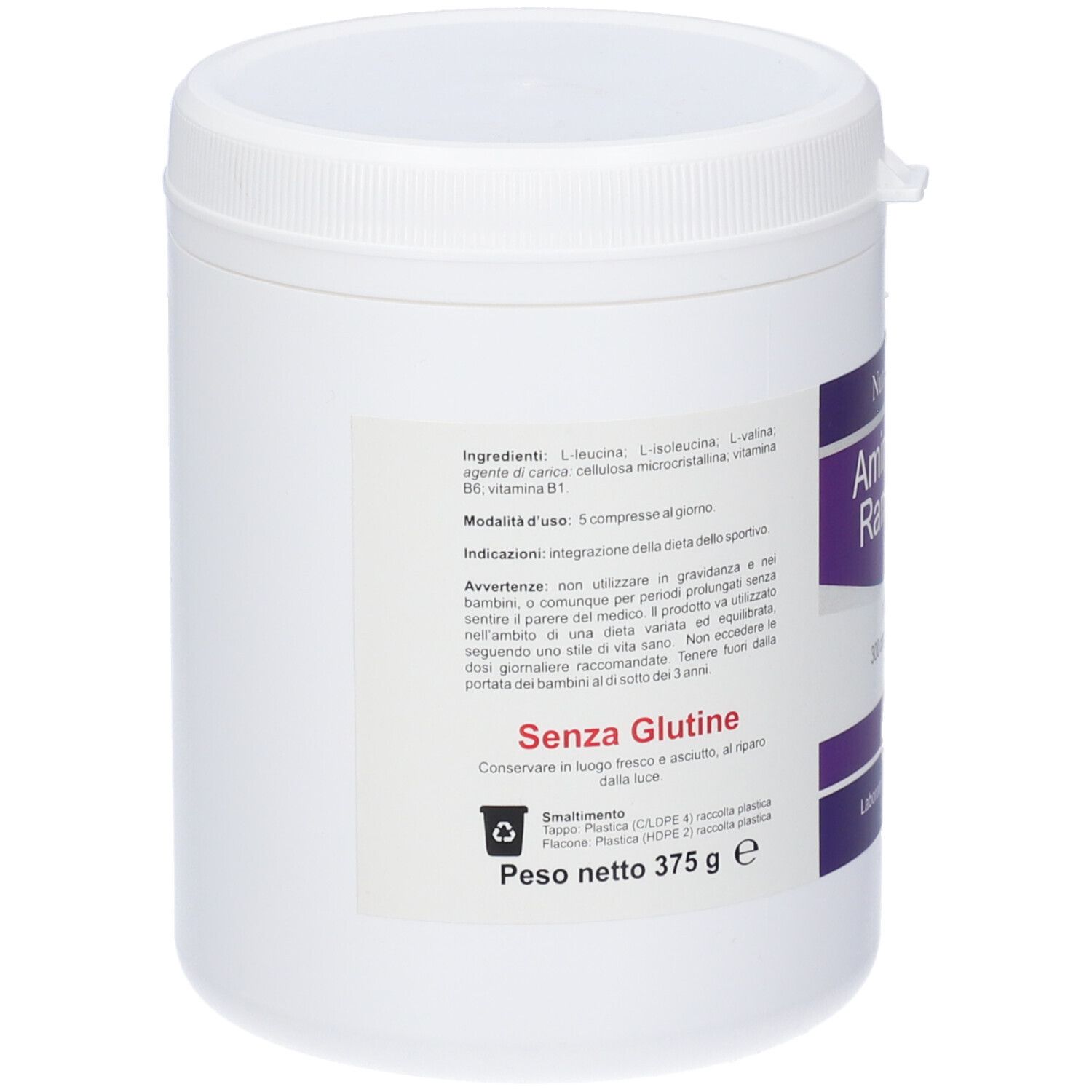 Contenitore bianco con etichetta. Elenco ingredienti, modalità d'uso e avvertenze. Scritta: Senza Glutine, 375 g.
