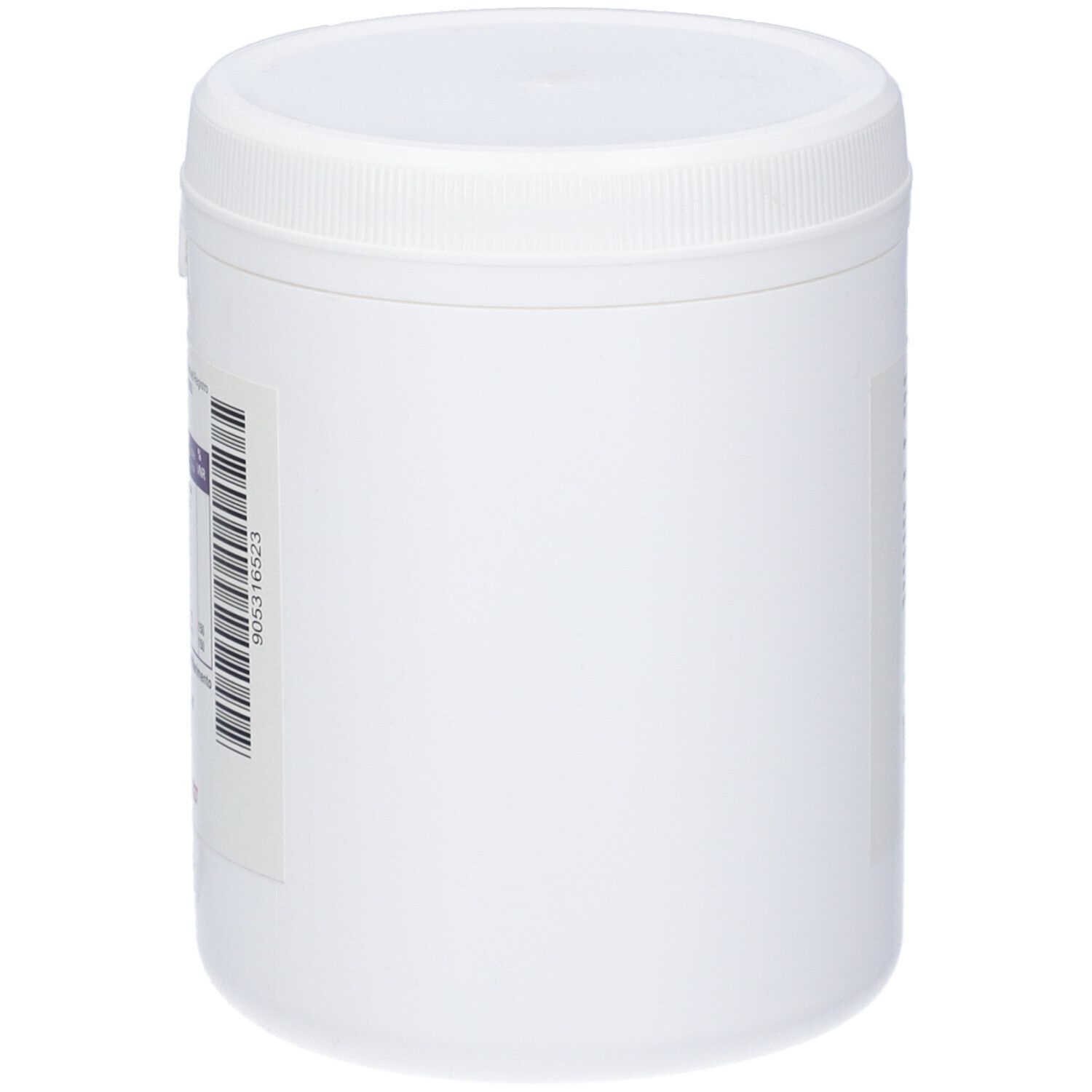 Contenitore bianco con coperchio. Sul lato, un'etichetta con codice a barre e altre informazioni.