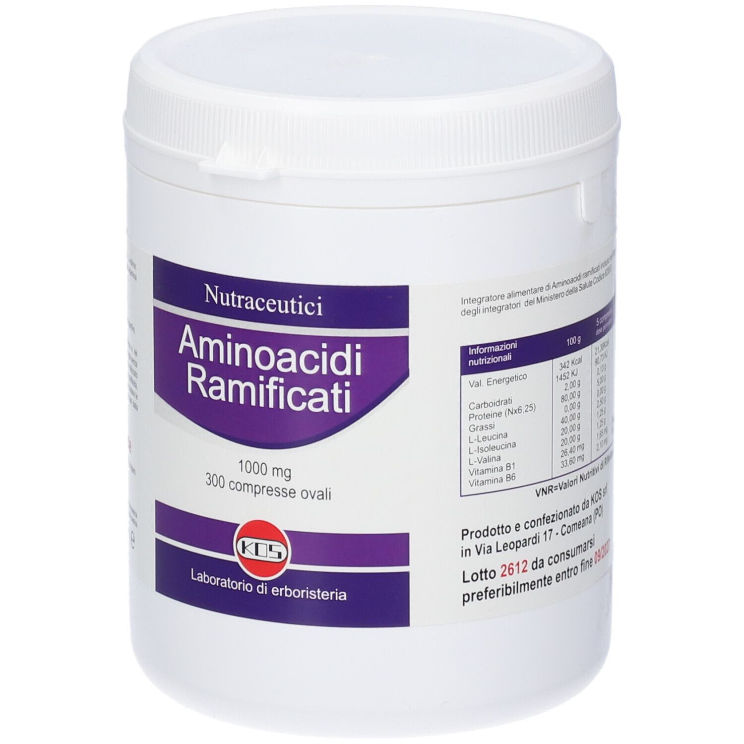Contenitore bianco con etichetta viola. Scritta: Aminoacidi Ramificati, 1000 mg, 300 compresse ovali. Marchio KOS.