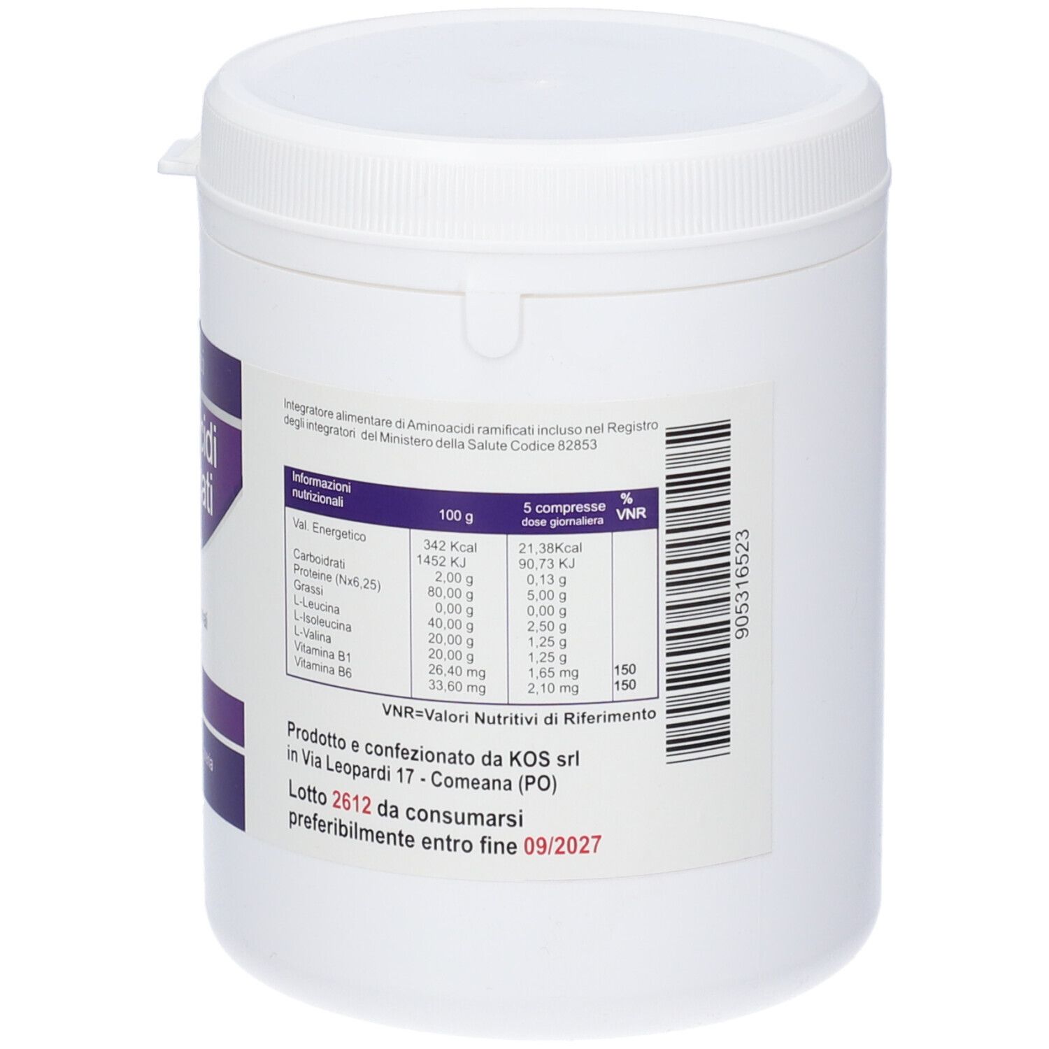Contenitore bianco con etichetta. Informazioni nutrizionali e data di scadenza. Scritta: 5 compresse, VNR.