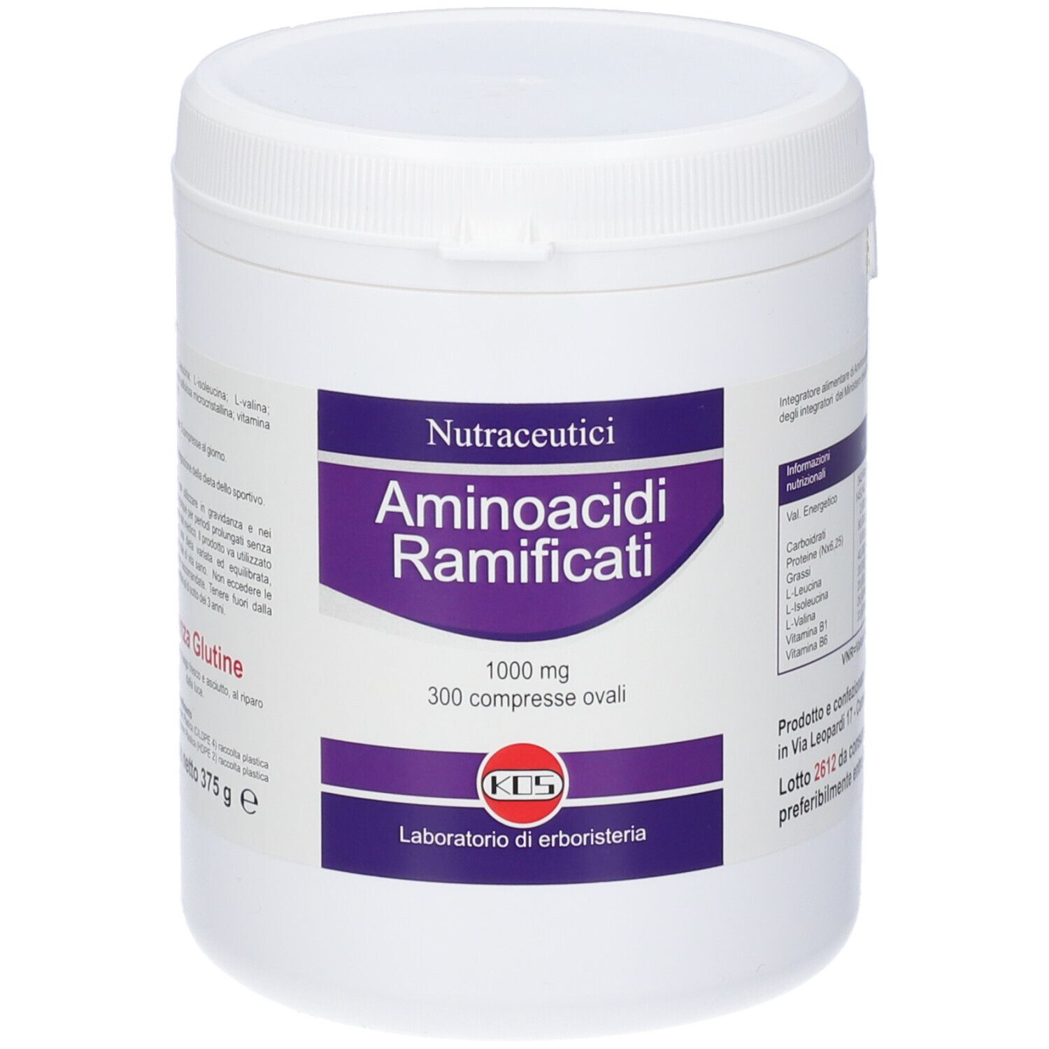 Contenitore bianco con etichetta viola. Scritta: Aminoacidi Ramificati, 1000 mg, 300 compresse ovali. Marchio KOS.