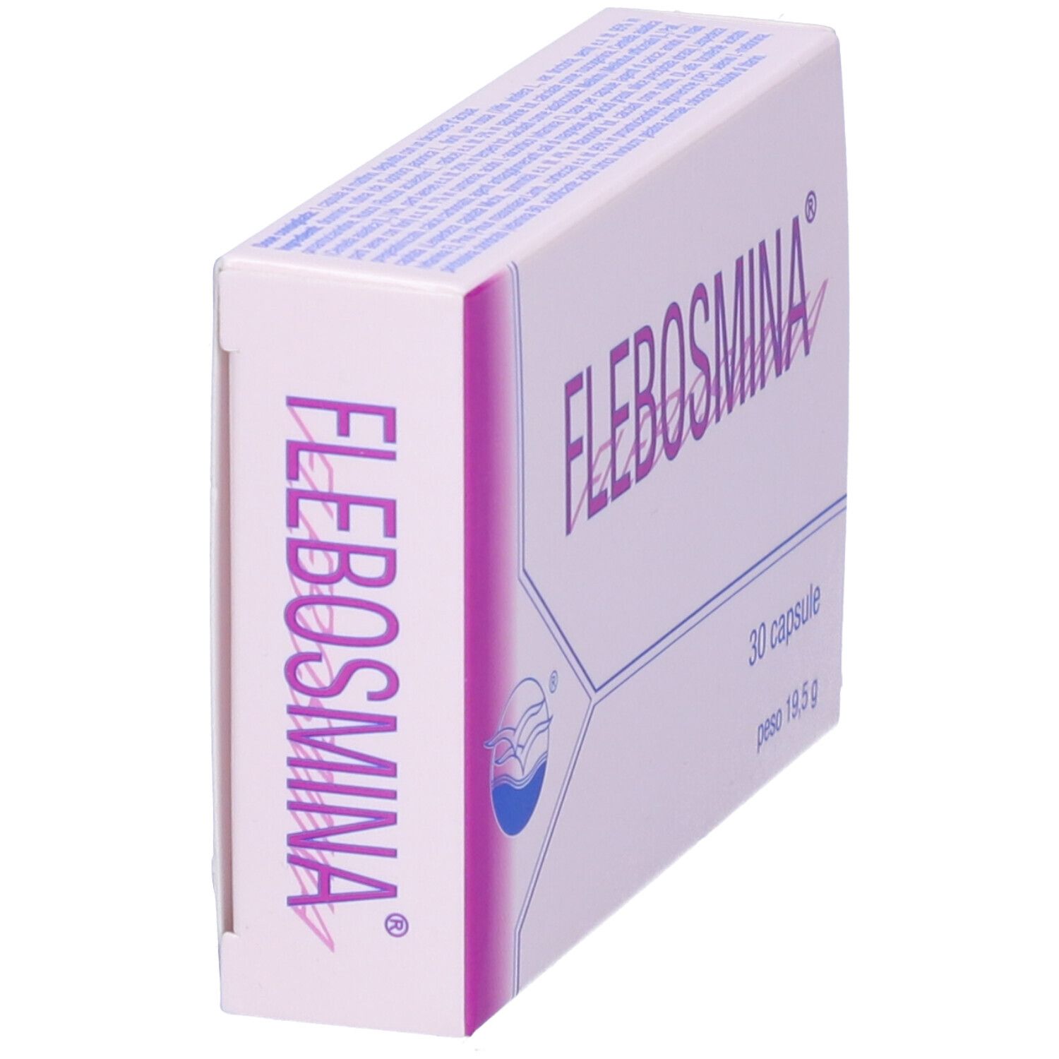 Confezione di Flebosmina, vista laterale. Scritta: Flebosmina. Logo con onde e uccelli. Scritta viola su sfondo bianco.