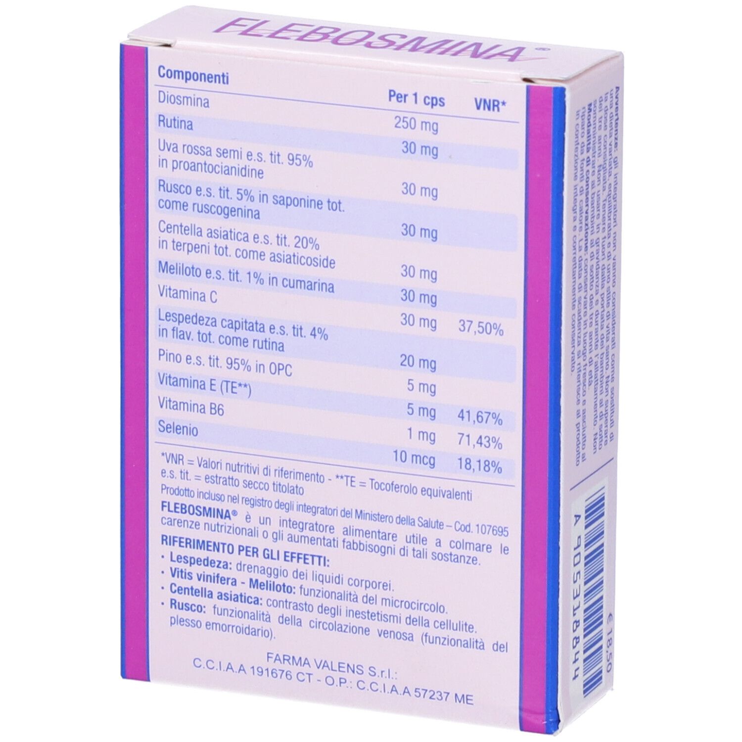 Confezione di Flebosmina. Retro con ingredienti e informazioni nutrizionali. Testo in italiano. Viola e bianco.