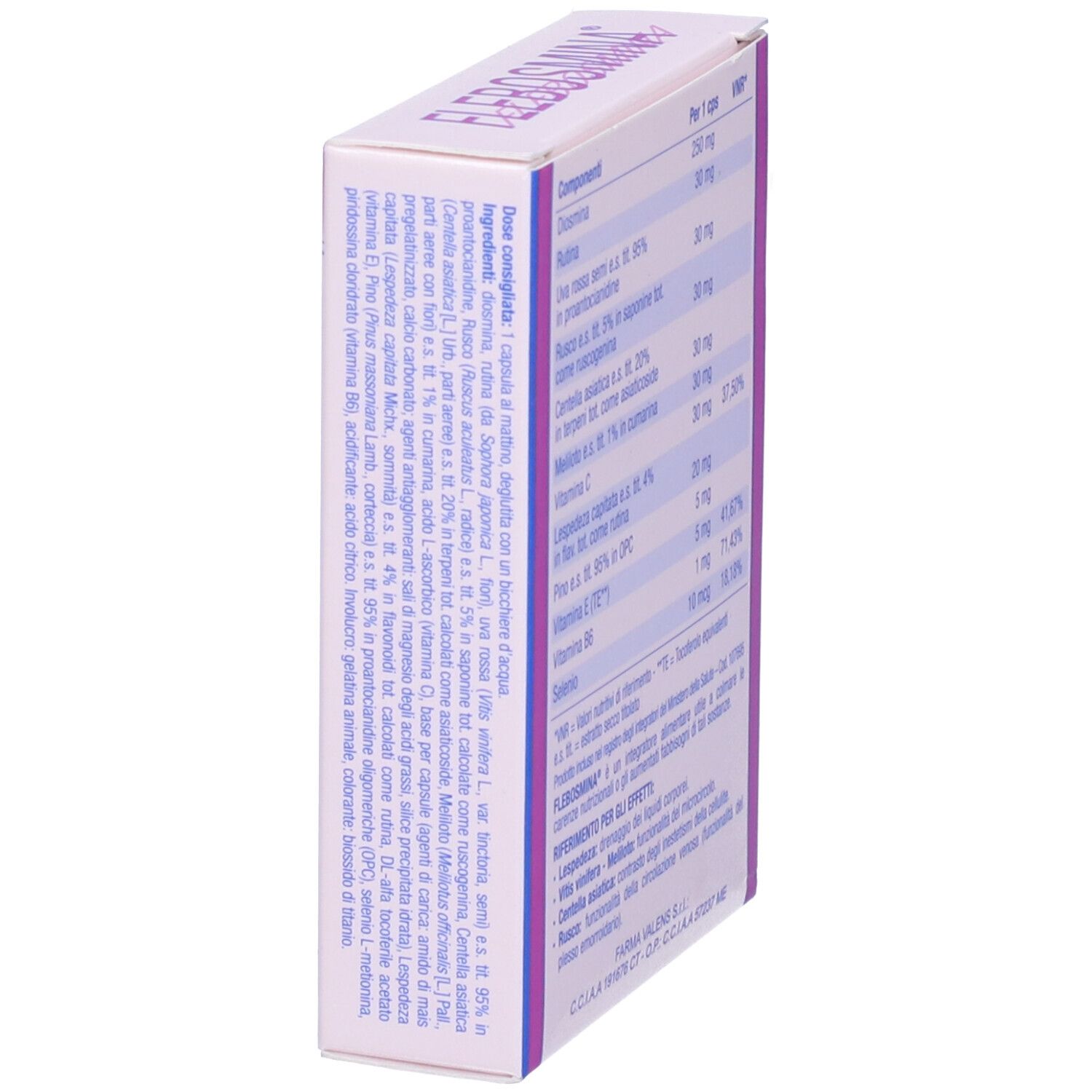 Confezione di Flebosmina. Vista laterale con ingredienti e informazioni nutrizionali. Testo in italiano. Viola e bianco.