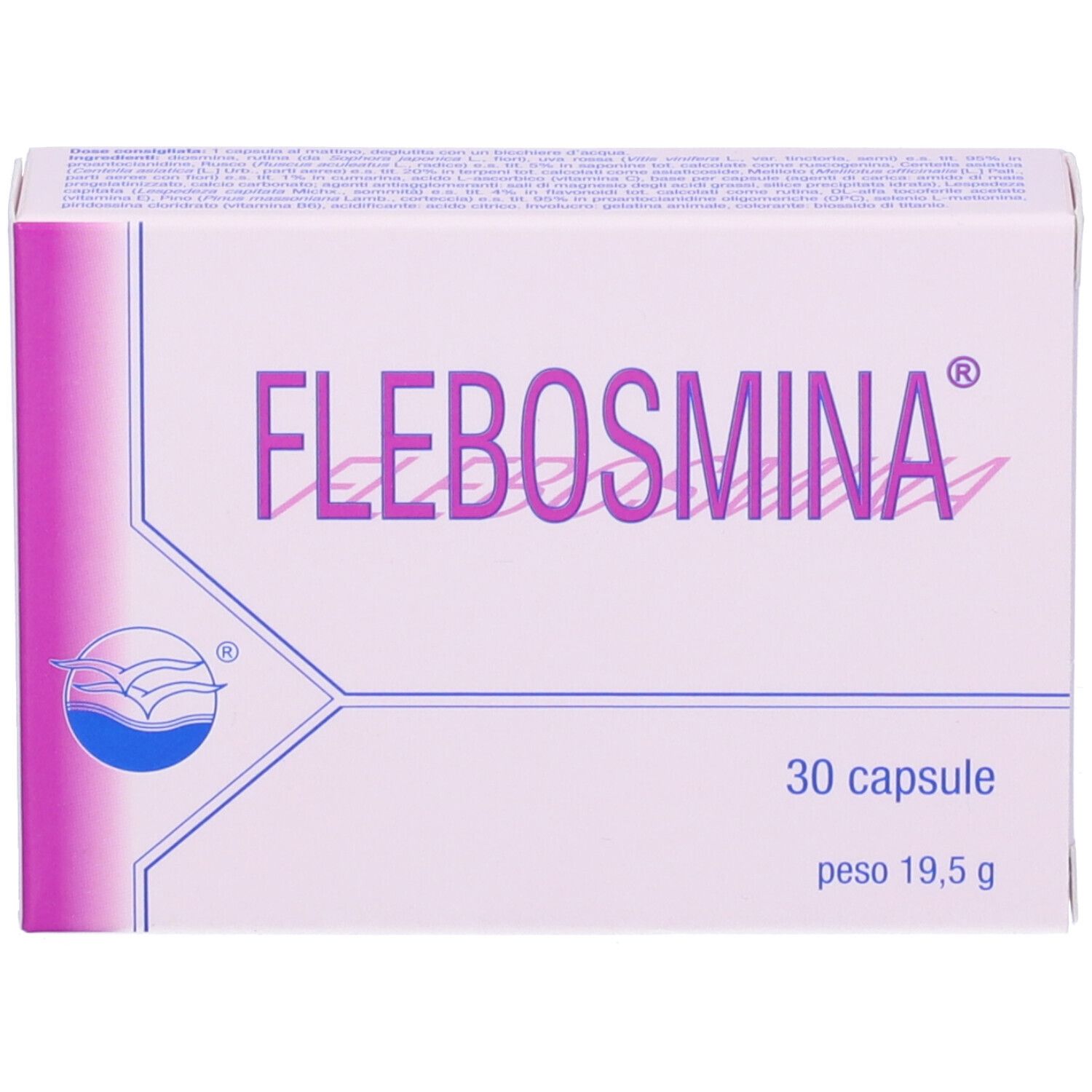 Confezione di Flebosmina. Scritta: 30 capsule, 19,5 g. Logo con onde e uccelli. Scritta viola su sfondo bianco.