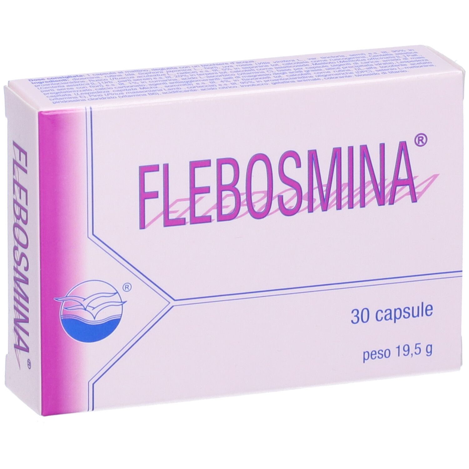 Confezione di Flebosmina. Scritta: 30 capsule, 19,5 g. Logo con onde e uccelli. Scritta viola su sfondo bianco.