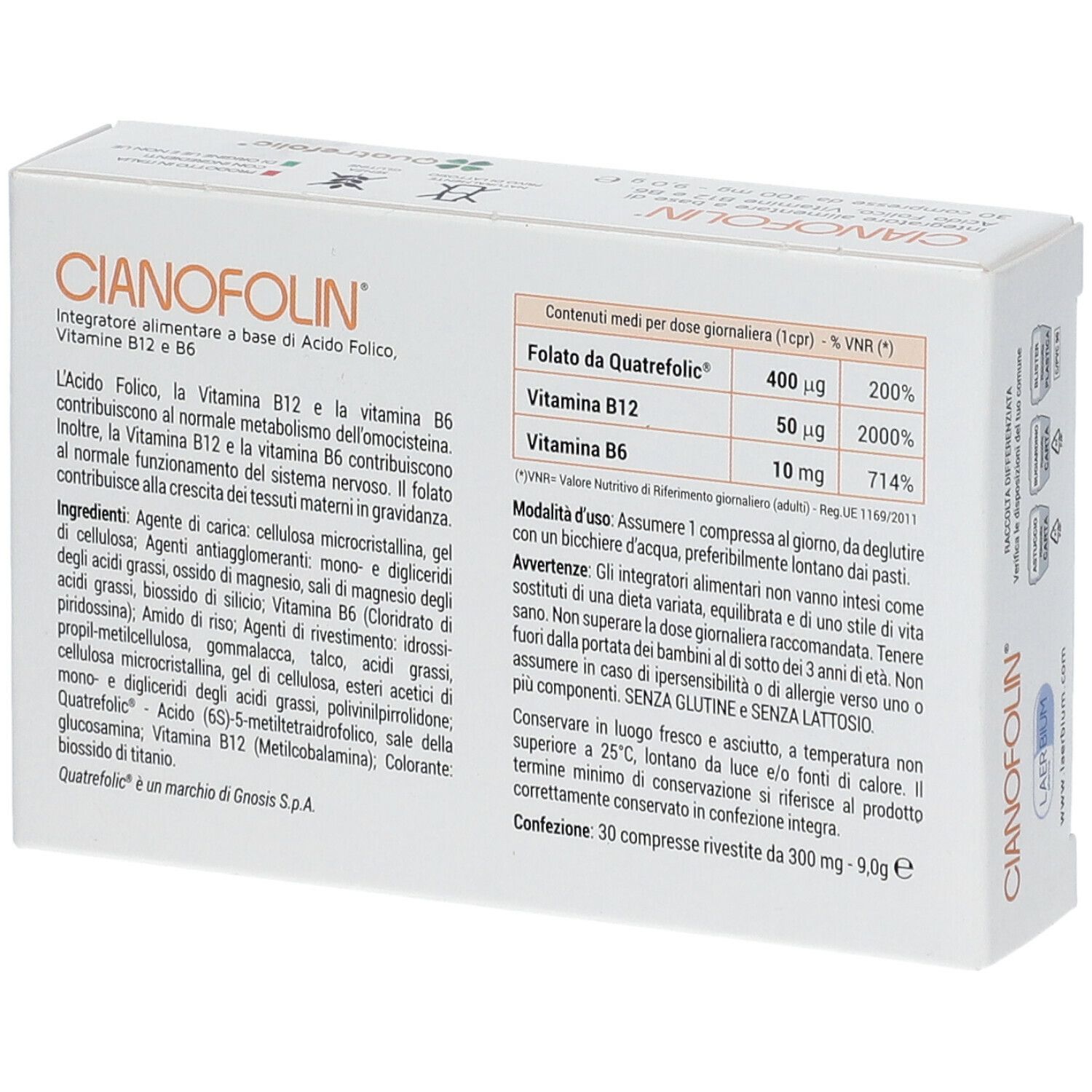 LAERBIUM PHARMA - Cianofolin Integratore Alimentare Di Acido Folico E  Vitamine 30 Compresse