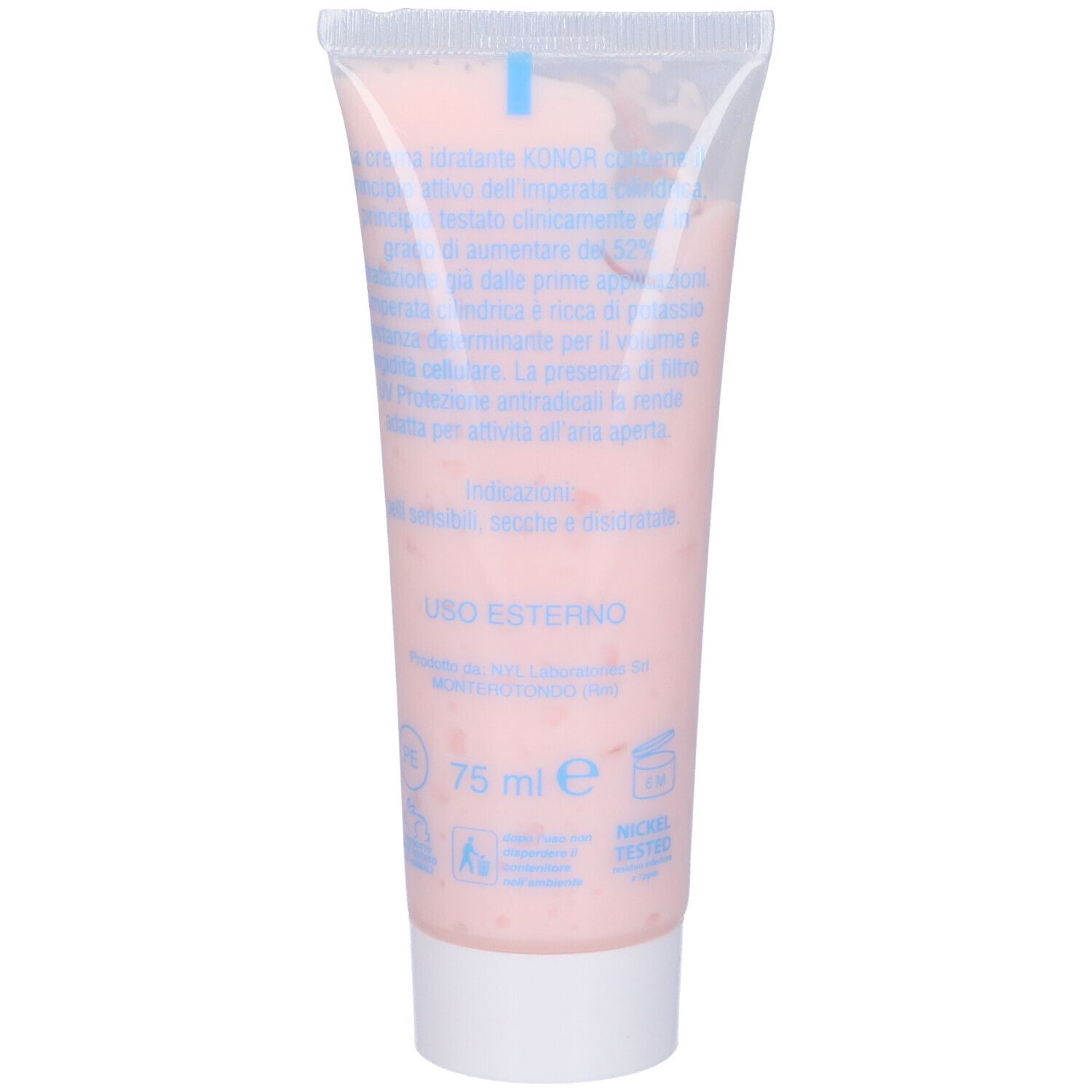 Retro del tubo Konor Crema Idratante. Crema rosa visibile. Testo: Uso Esterno, 75 ml, Nickel Tested.