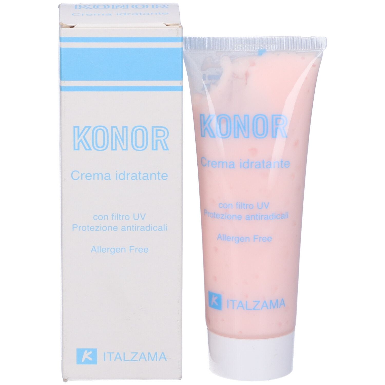 Tubo e scatola Konor Crema Idratante. Crema rosa nel tubo. Scritta blu: Konor, Crema idratante, con filtro UV, Allergen Free.