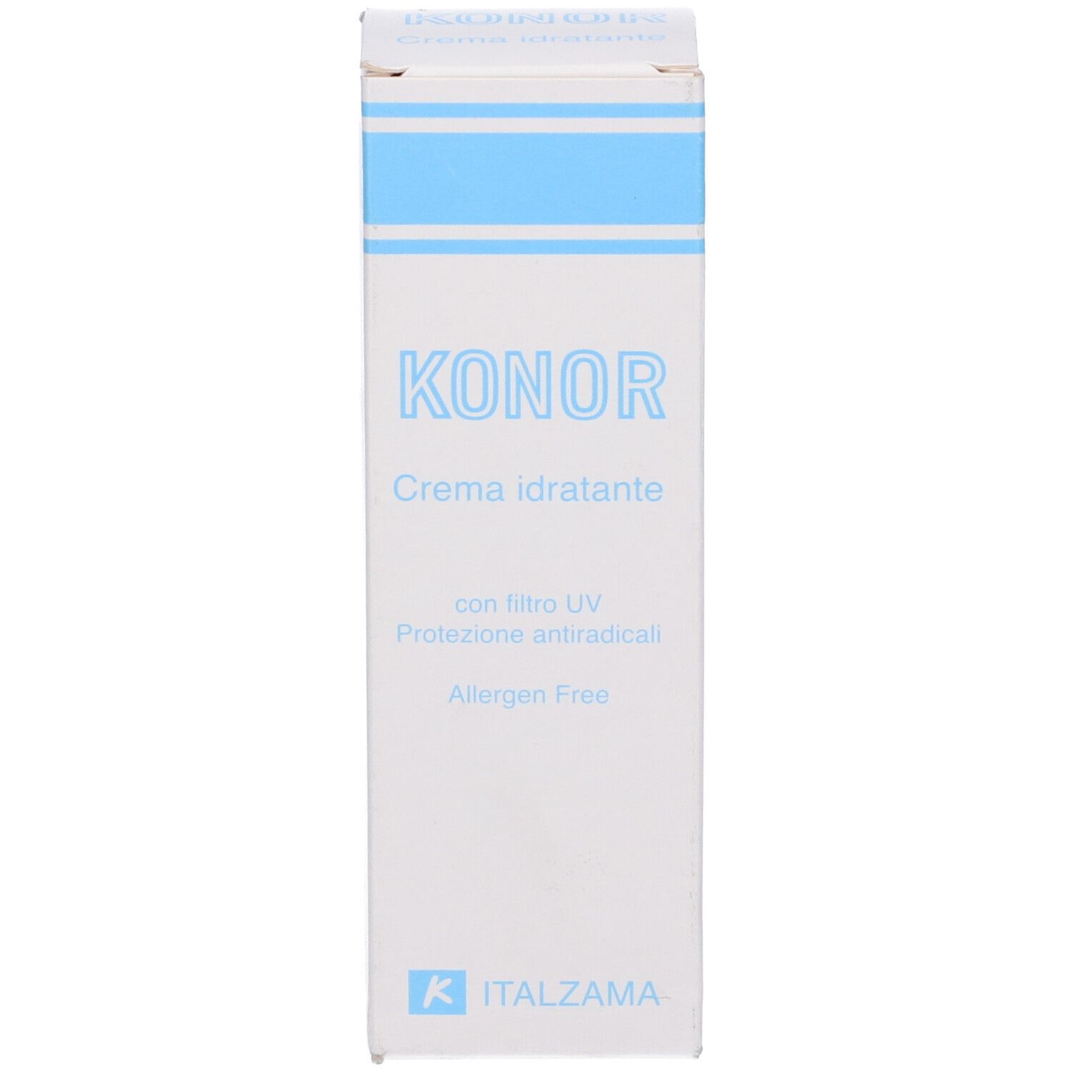 Scatola Konor Crema Idratante. Scritta blu: Konor, Crema idratante, con filtro UV, Allergen Free.