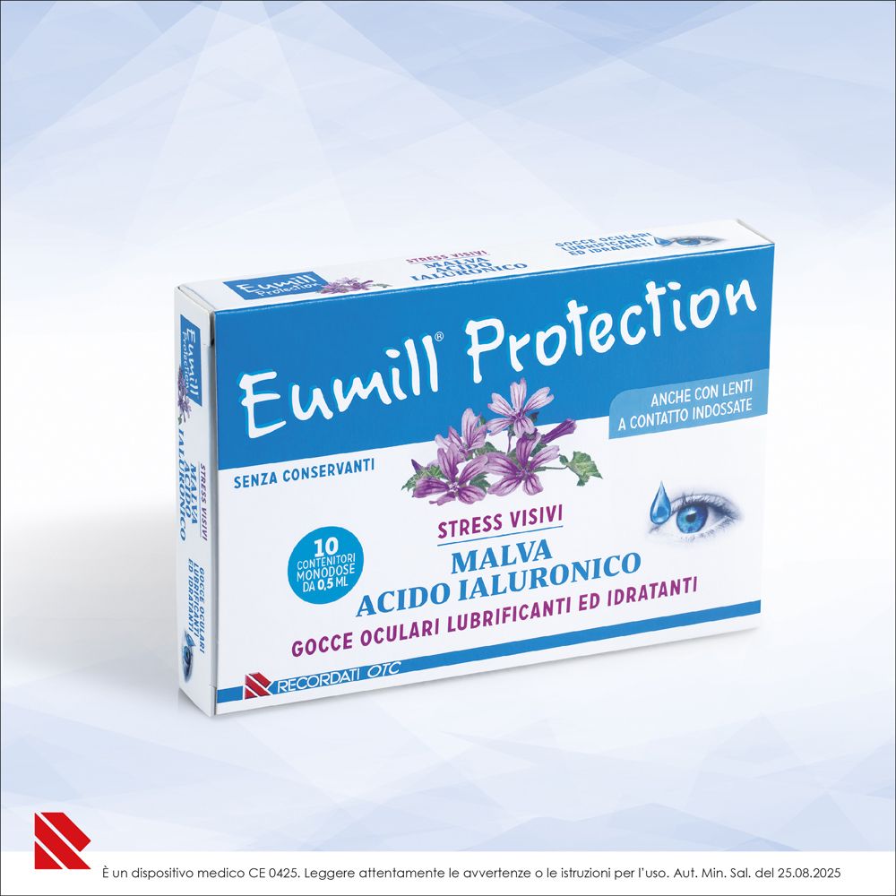 Scatola Eumill Protection gocce oculari, vista di fronte leggermente angolata.