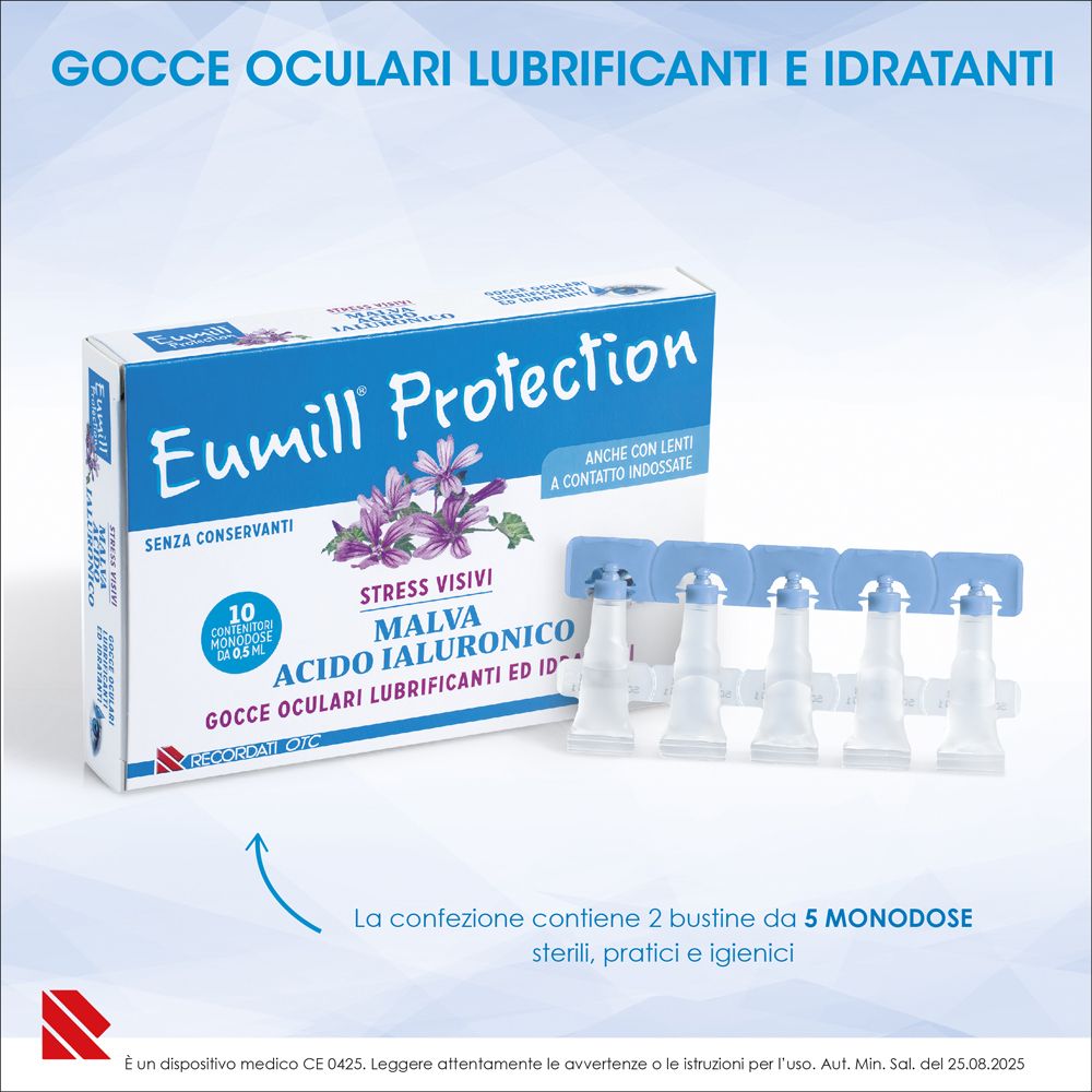 Scatola Eumill Protection gocce oculari e 5 flaconcini monodose sterili.