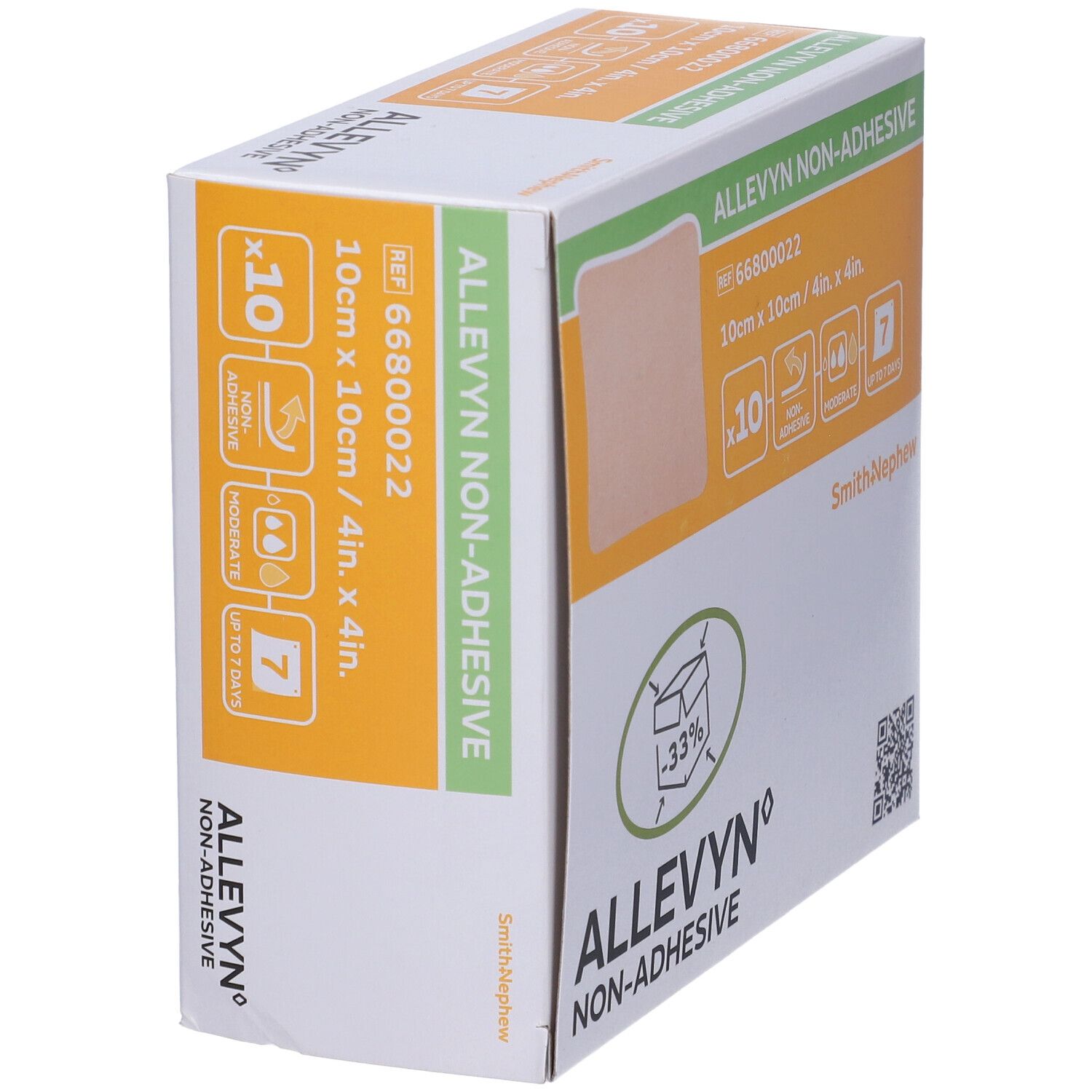 Scatola con 10 medicazioni non adesive. Dimensioni: 10cm x 10cm. Marchio: ALLEVYN Non-Adhesive. Produttore: Smith+Nephew.