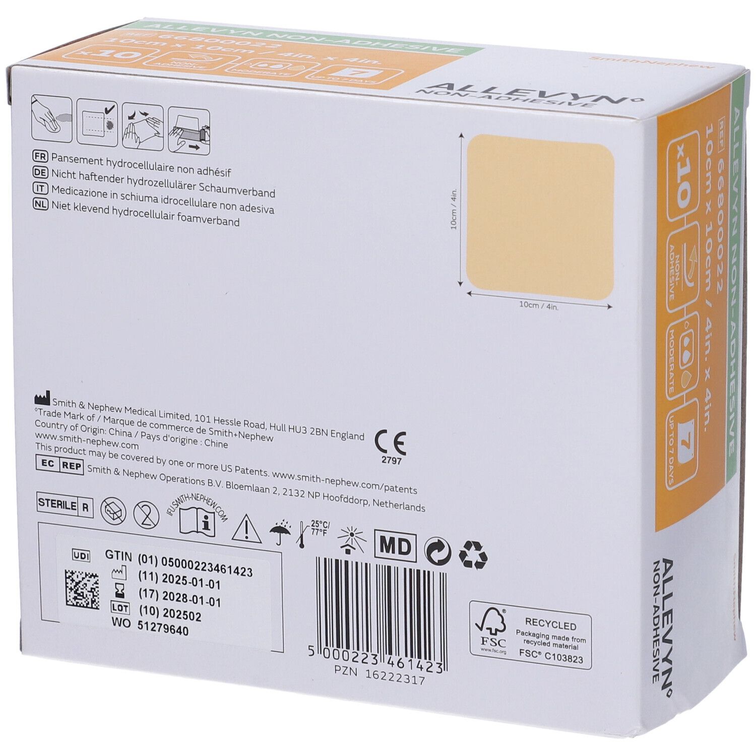 Retro della confezione con informazioni. Contiene 10 medicazioni non adesive. Produttore: Smith+Nephew. Marchio CE.