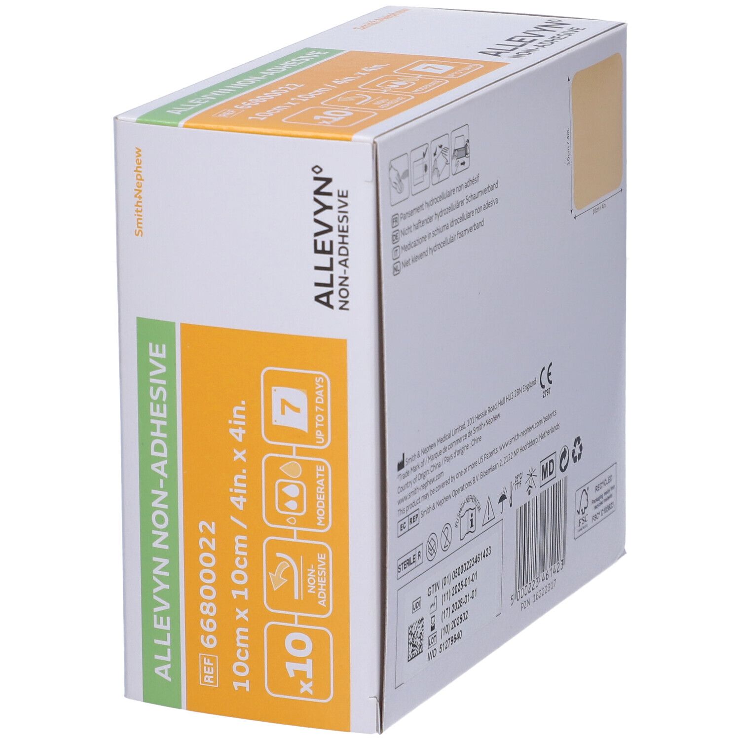 Scatola con 10 medicazioni non adesive. Dimensioni: 10cm x 10cm. Marchio: ALLEVYN Non-Adhesive. Produttore: Smith+Nephew.