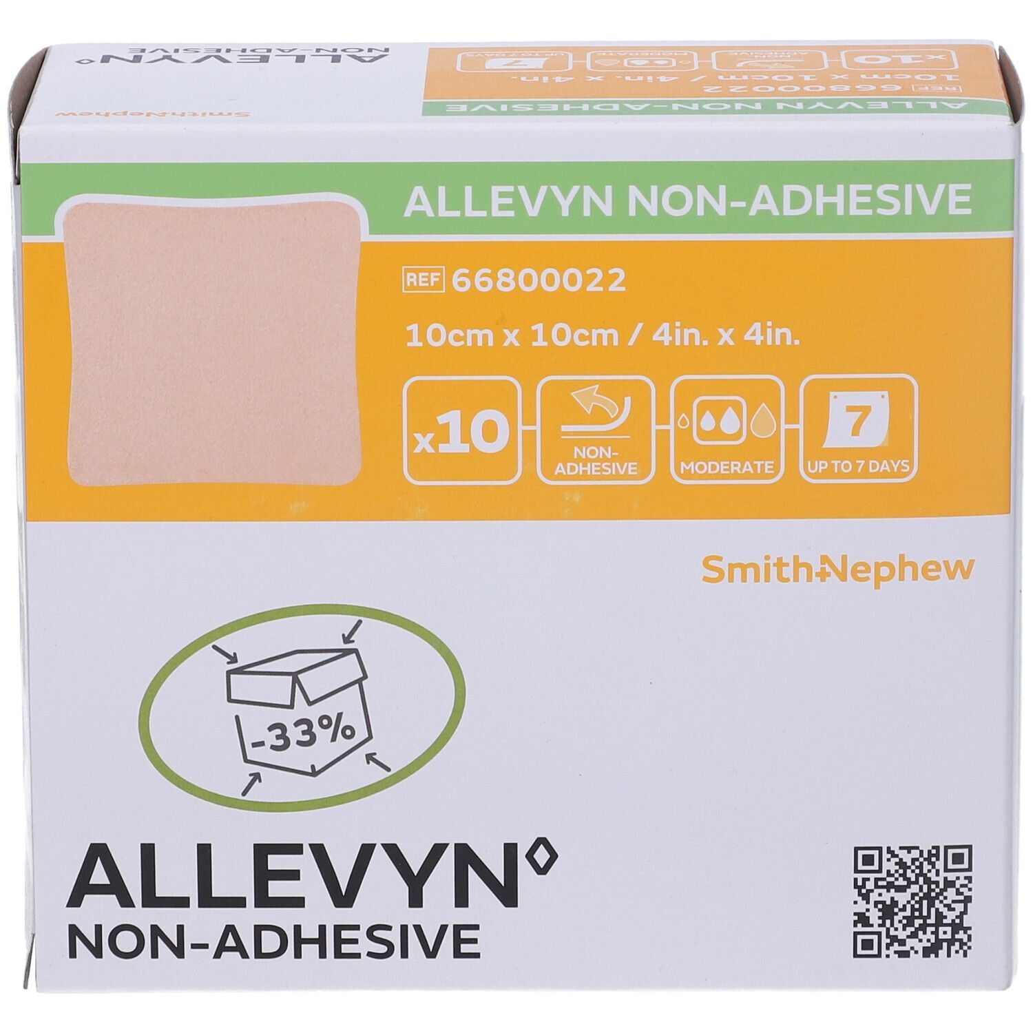 Confezione da 10 medicazioni non adesive. Dimensioni: 10cm x 10cm. Marchio: ALLEVYN Non-Adhesive. Produttore: Smith+Nephew.