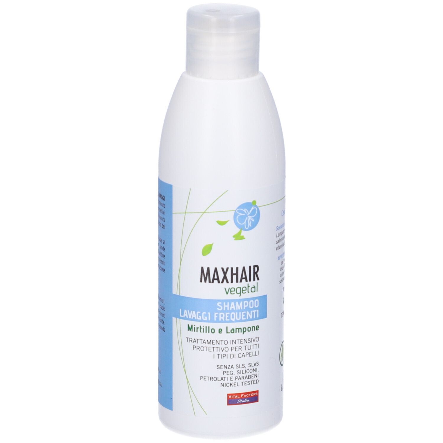 Flacone di shampoo bianco con etichetta blu. Scritta: MAXHAIR vegetal Shampoo Lavaggi Frequenti. Mitrtillo e Lampone. Vital Factors.