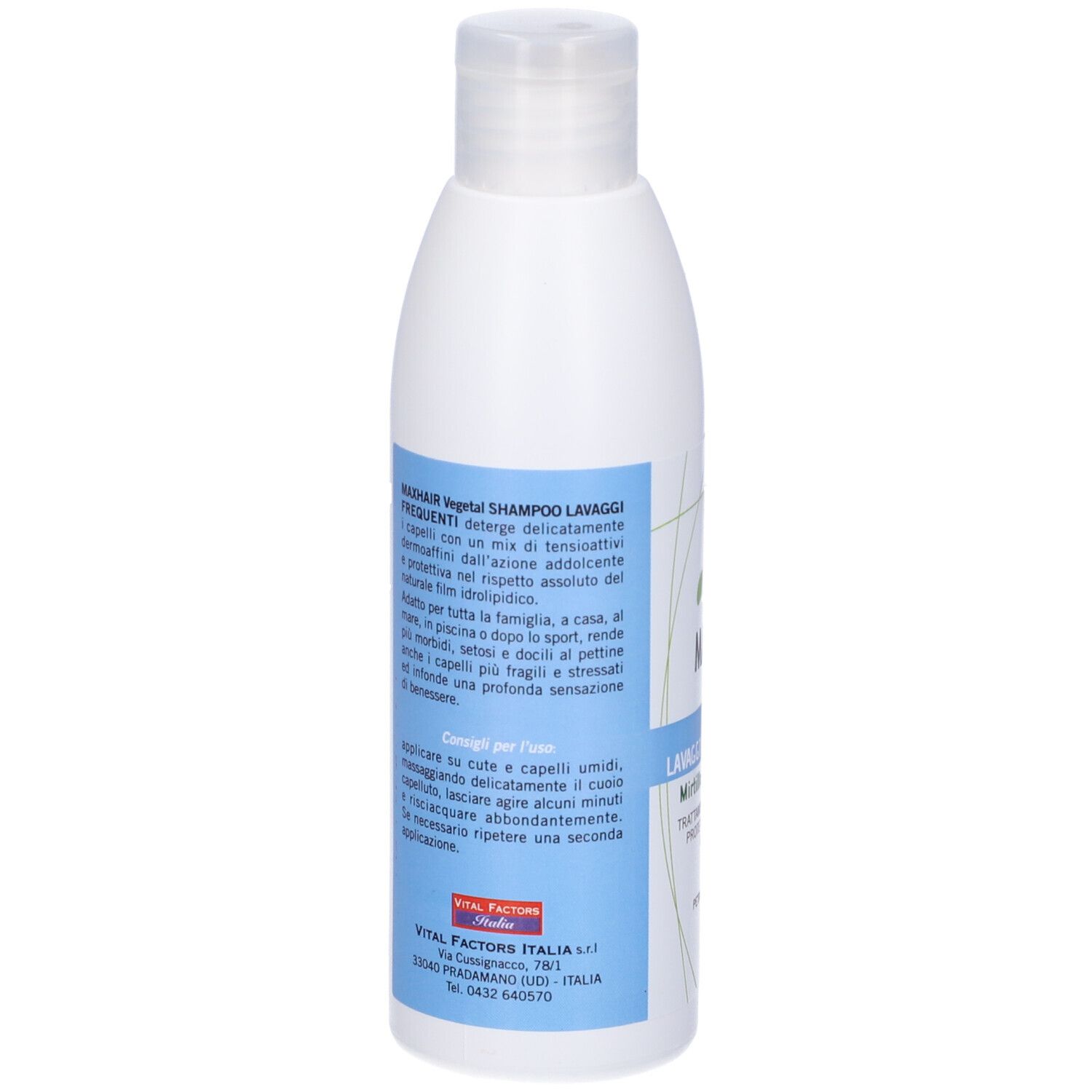 Flacone di shampoo bianco con etichetta blu. Scritta: MAXHAIR vegetal Shampoo Lavaggi Frequenti. Mitrtillo e Lampone. Vital Factors.