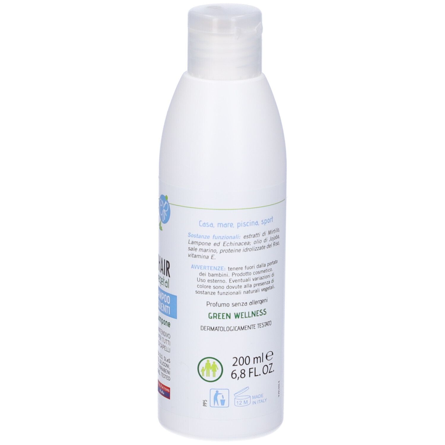Flacone di shampoo bianco con etichetta blu. Scritta: MAXHAIR vegetal Shampoo Lavaggi Frequenti. Mitrtillo e Lampone. Vital Factors.
