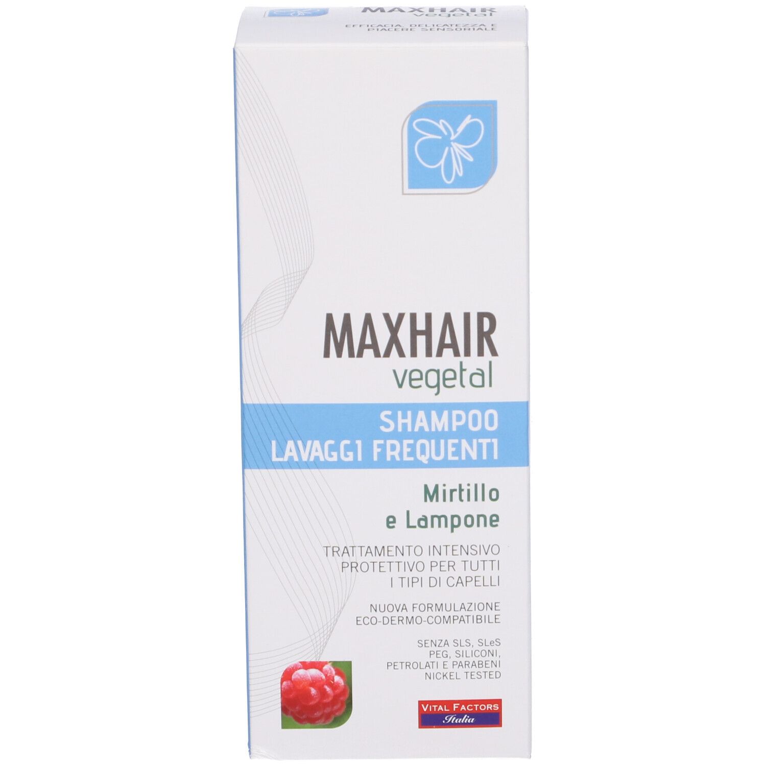 Confezione di shampoo. Scritta: MAXHAIR vegetal Shampoo Lavaggi Frequenti. Mitrtillo e Lampone. Vital Factors.