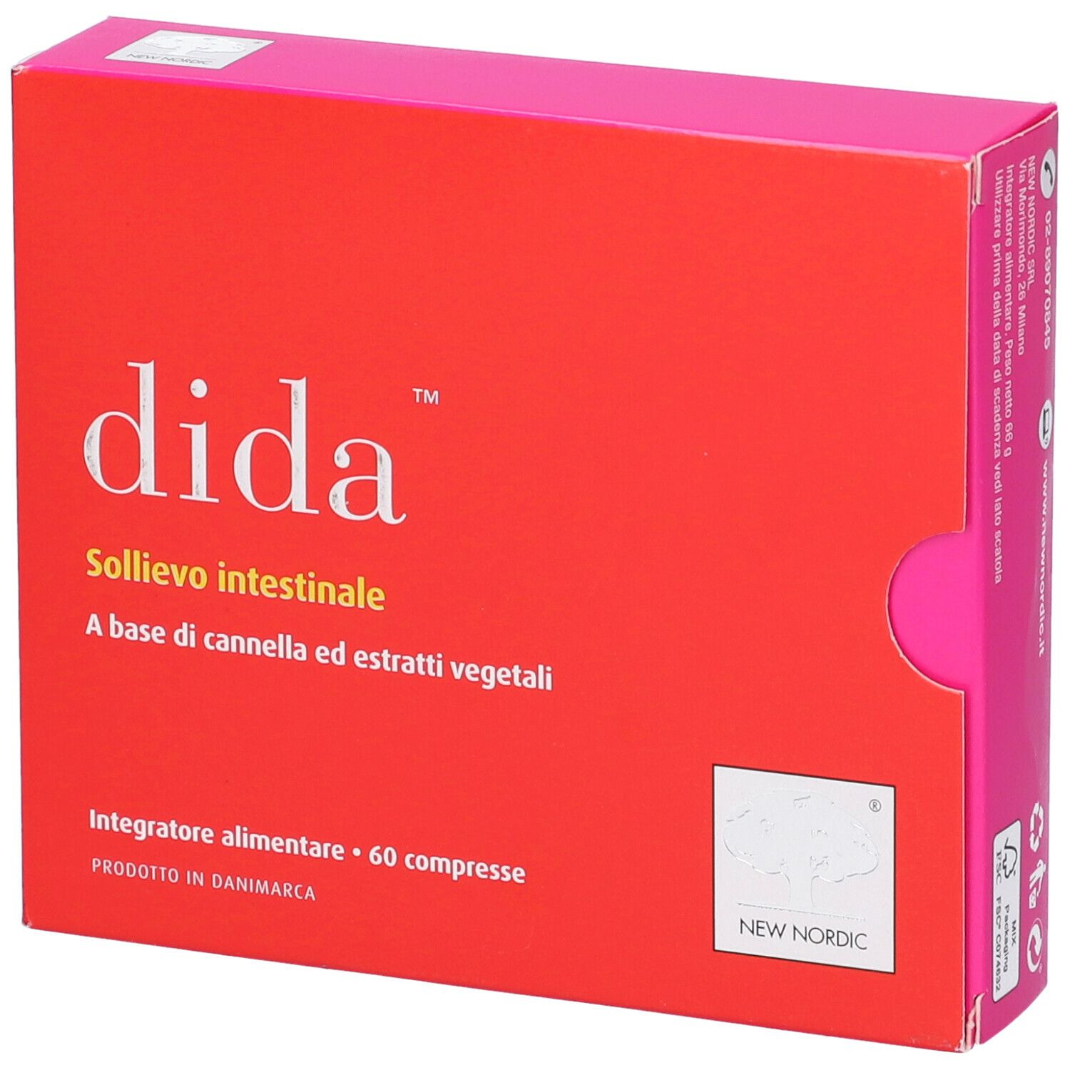 Scatola rossa con logo 'dida'. Testo: 'Sollievo intestinale'. Contiene 60 compresse. Marca: New Nordic.