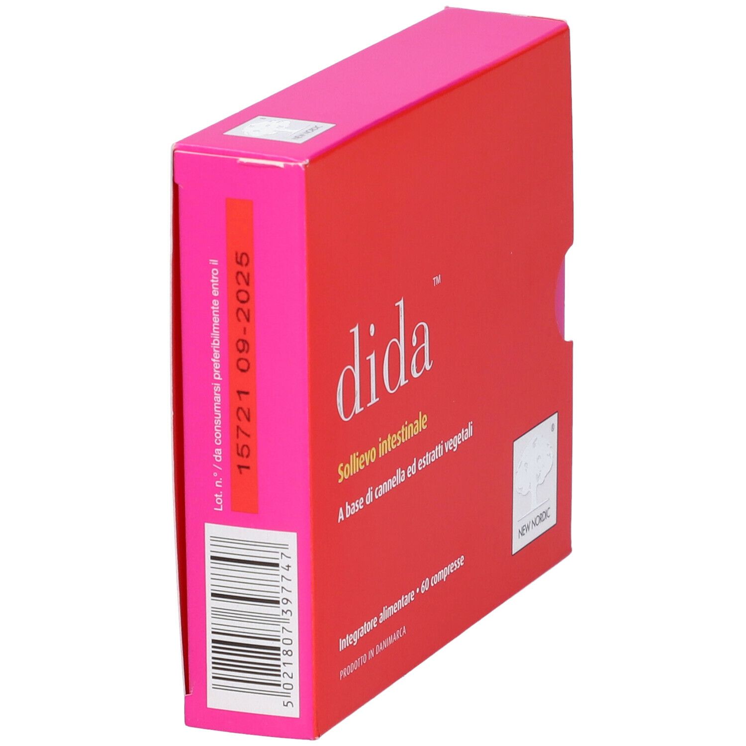 Scatola rossa con logo 'dida'. Testo: 'Sollievo intestinale'. Contiene 60 compresse. Marca: New Nordic.