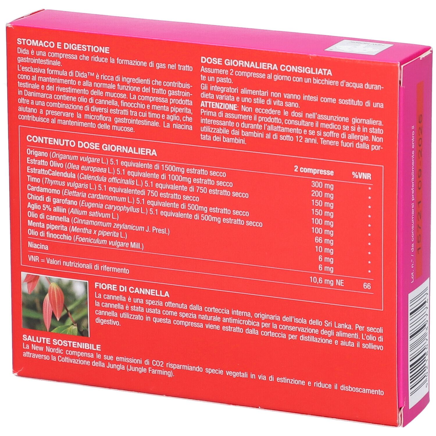 Scatola rossa con testo e ingredienti. Contiene 60 compresse. Marca: New Nordic. Testo: 'Dose giornaliera consigliata'.