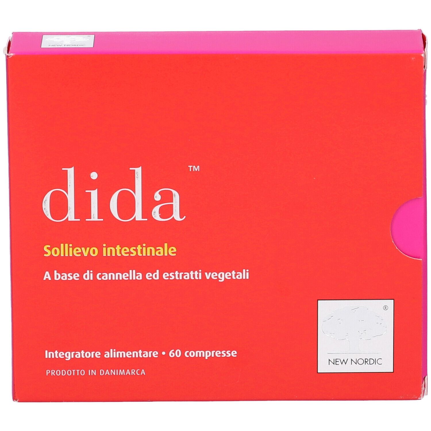 Scatola rossa con logo 'dida'. Testo: 'Sollievo intestinale'. Contiene 60 compresse. Marca: New Nordic.