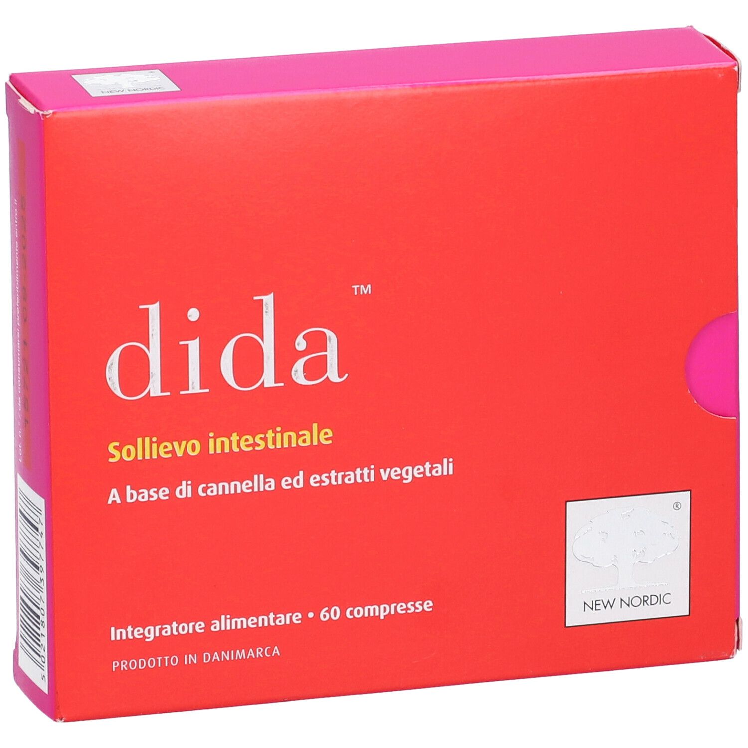 Scatola rossa con logo 'dida'. Testo: 'Sollievo intestinale'. Contiene 60 compresse. Marca: New Nordic.