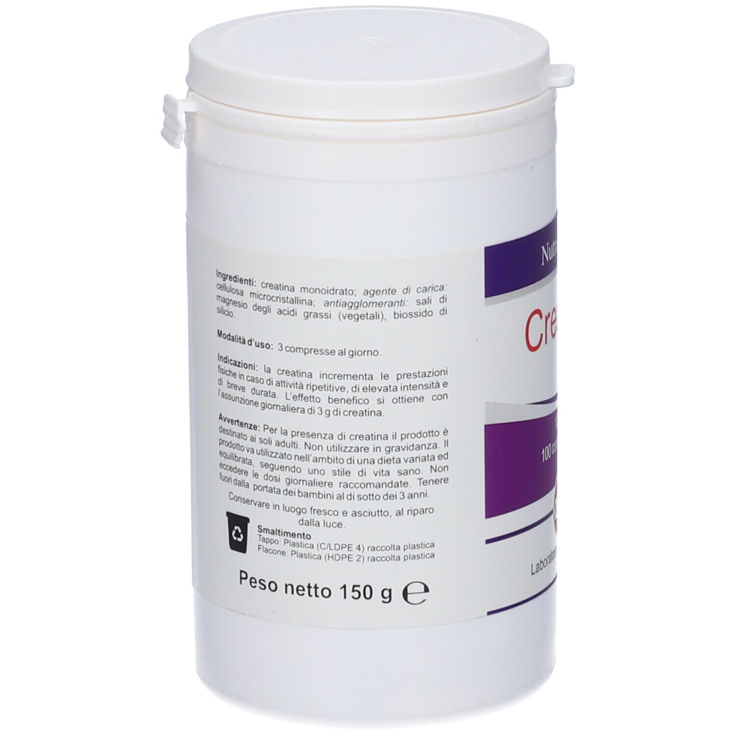 Contenitore bianco, retro. Testo: ingredienti, modalità d'uso, peso netto 150 g. Simbolo riciclo.