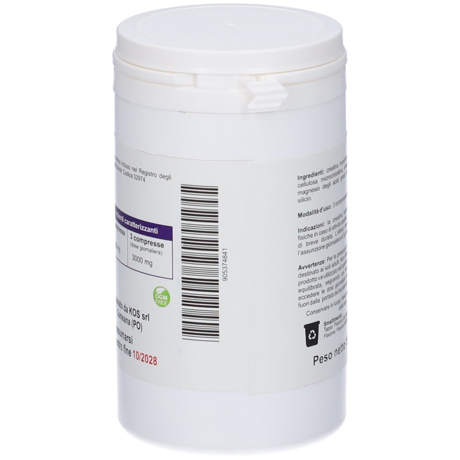 Contenitore bianco, retro. Codice a barre, testo: ingredienti, da consumarsi preferibilmente entro 10/2028. Logo verde.