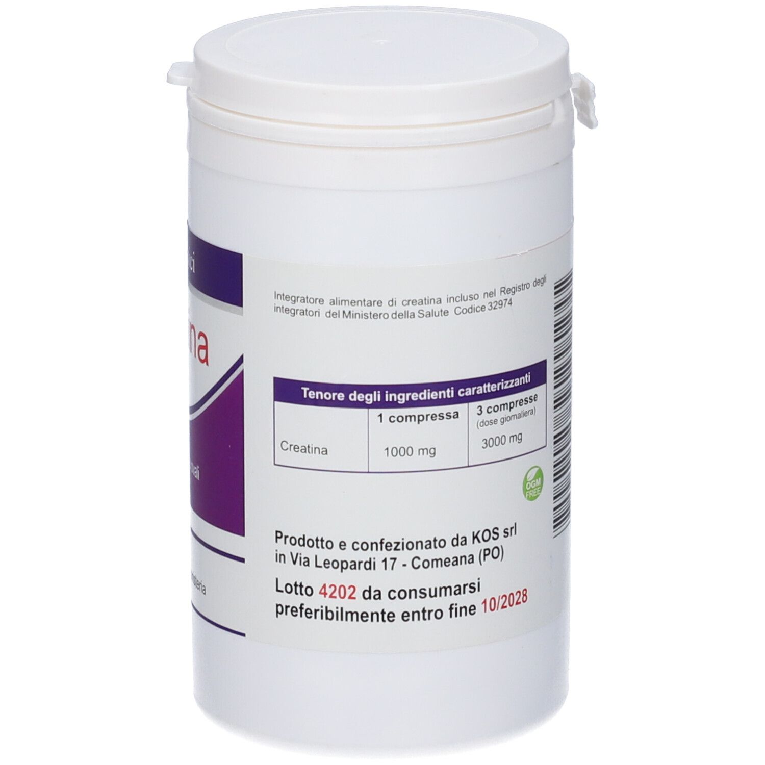 Contenitore bianco con etichetta viola. Scritta: Creatina, 1000 mg, 100 compresse ovali. Testo.