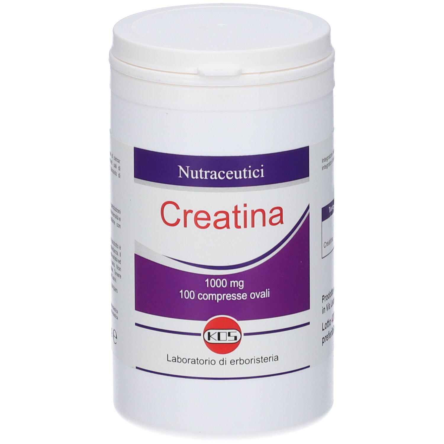 Contenitore bianco con etichetta viola. Scritta: Creatina, 1000 mg, 100 compresse ovali. Marchio KOS.