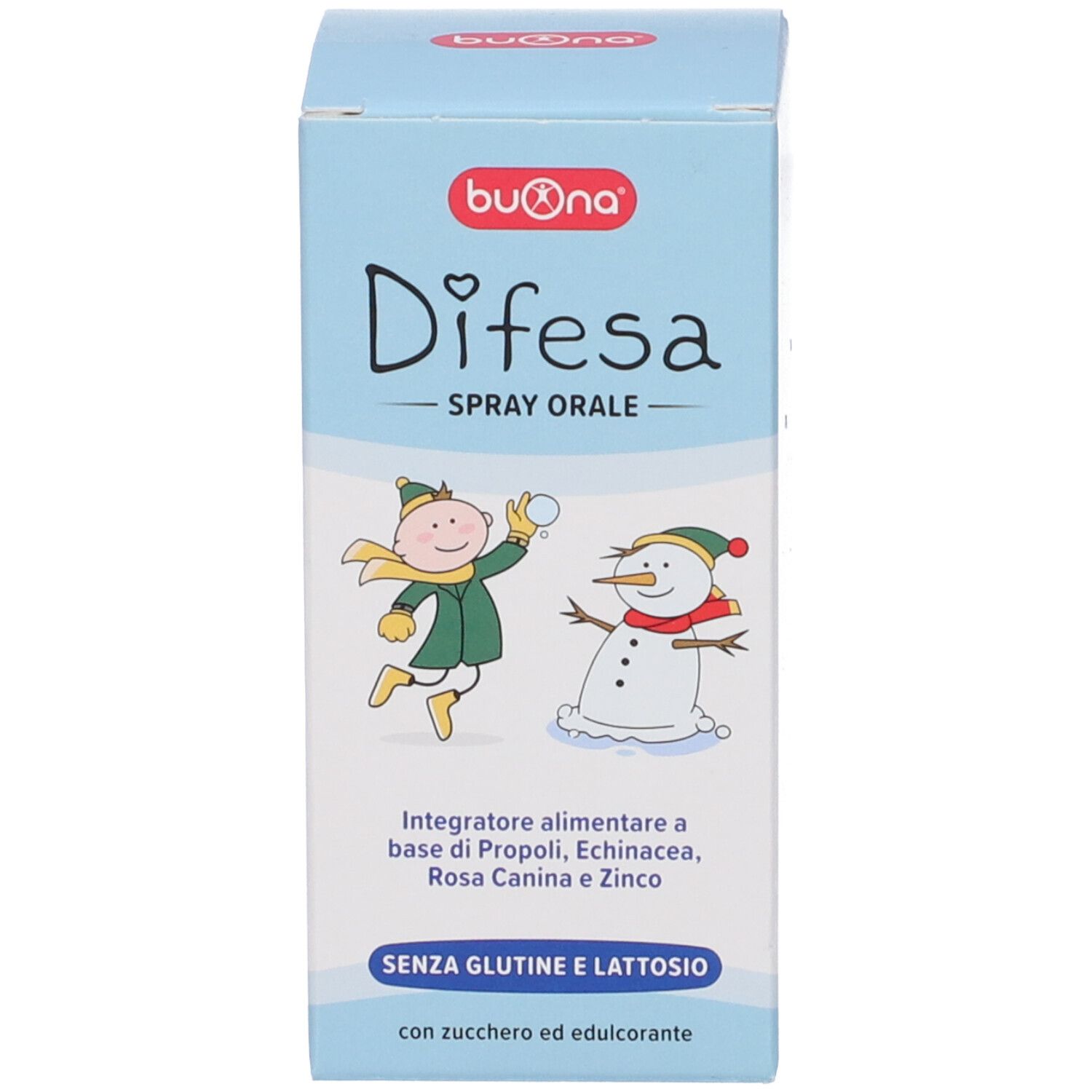 Confezione del prodotto azzurra con illustrazioni. Scritta "Difesa Spray Orale".
