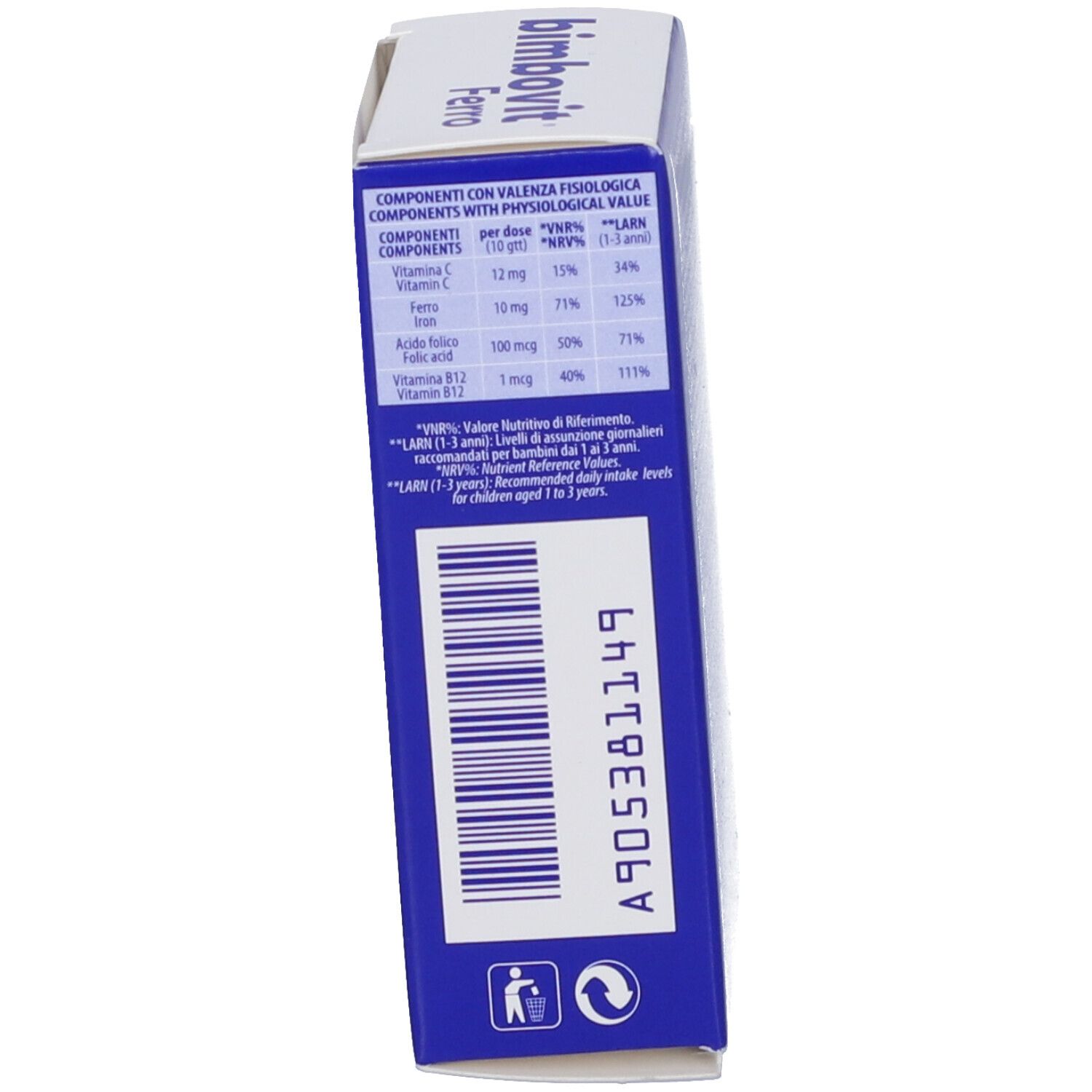 Confezione, testo con informazioni nutrizionali. Tabella con ingredienti e percentuale. Simbolo di riciclaggio.