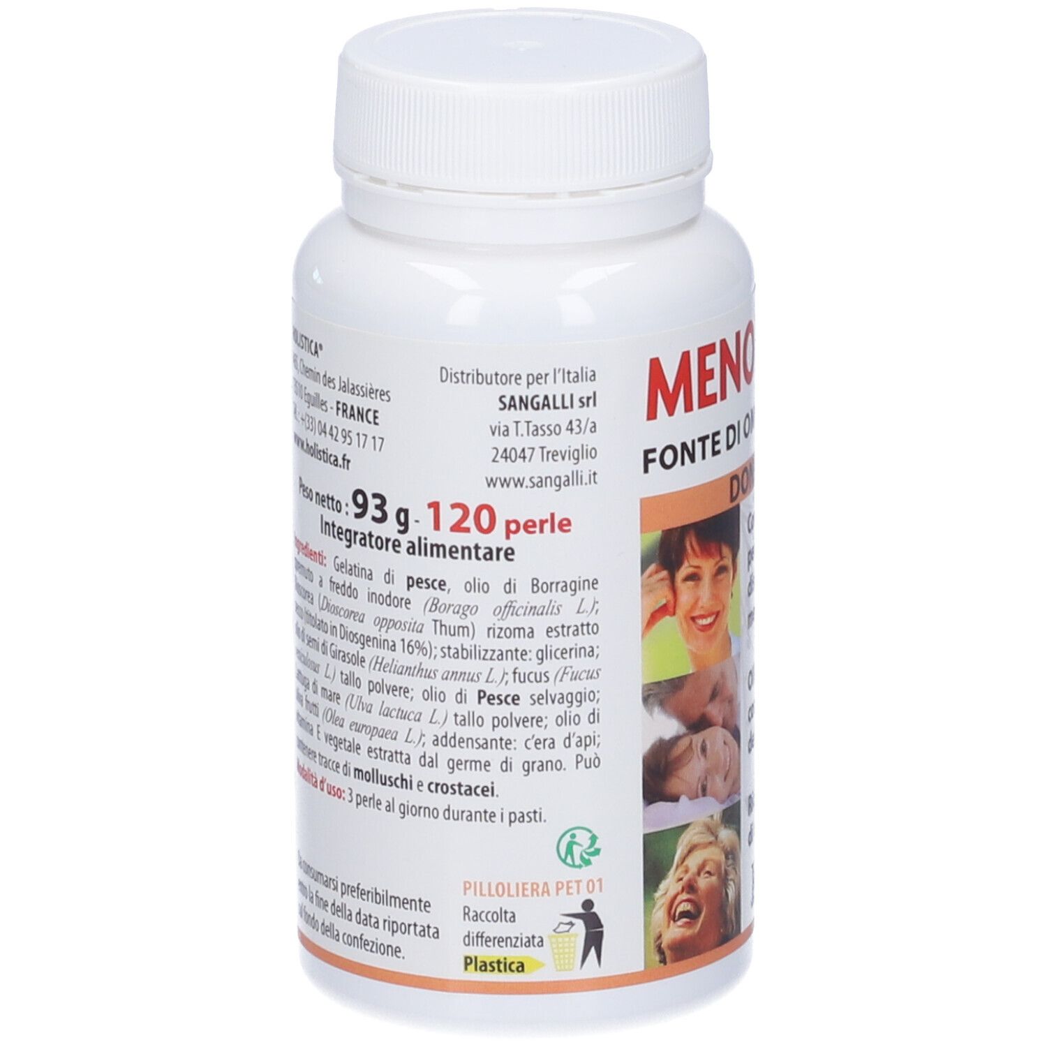 Retro del flacone bianco di capsule. Testo: Menolistica, Fonte di Omega 3 EPA/DHA. Elenco ingredienti e informazioni produttore.