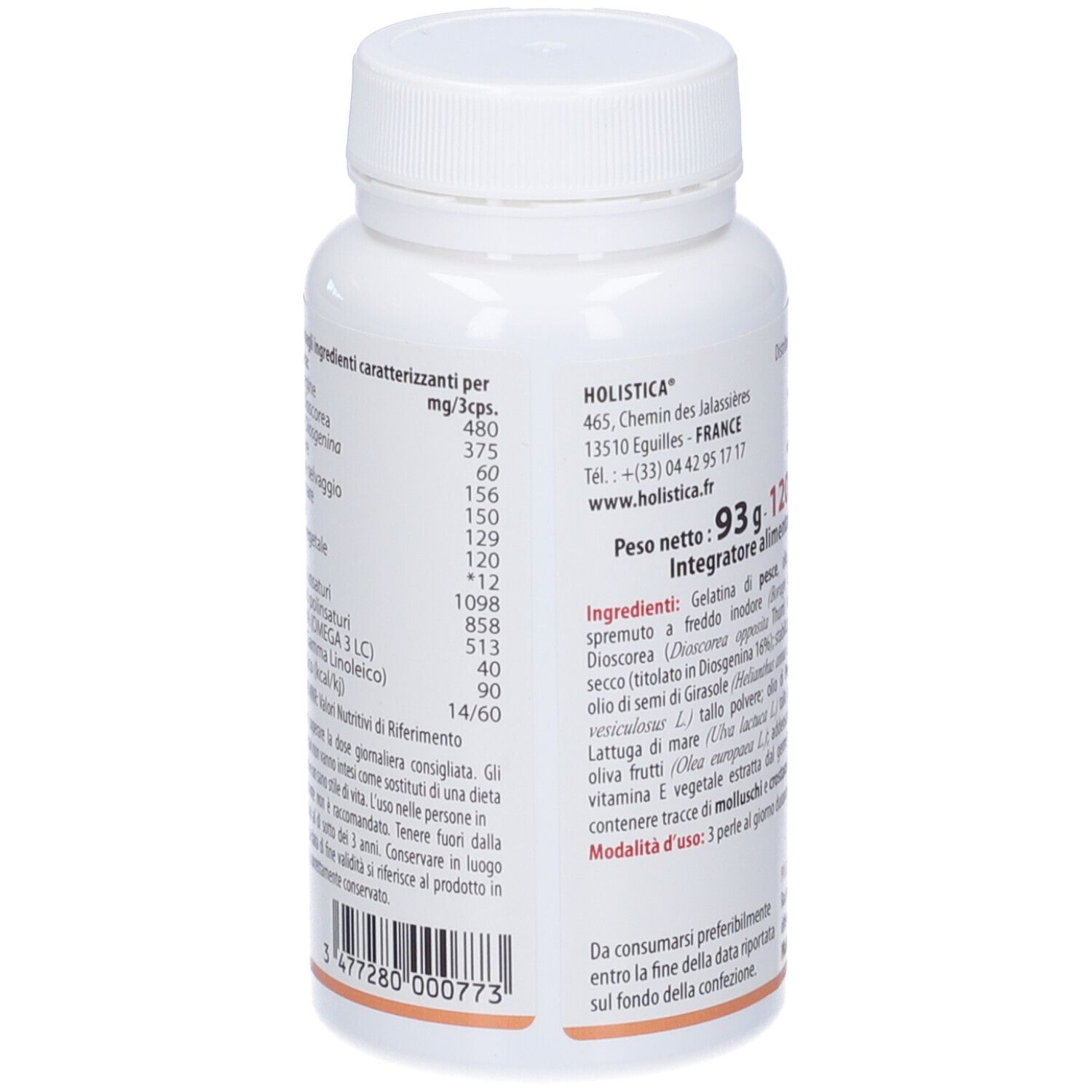 Retro del flacone bianco di capsule. Elenco ingredienti e informazioni nutrizionali. Peso: 93g, 120 perle.