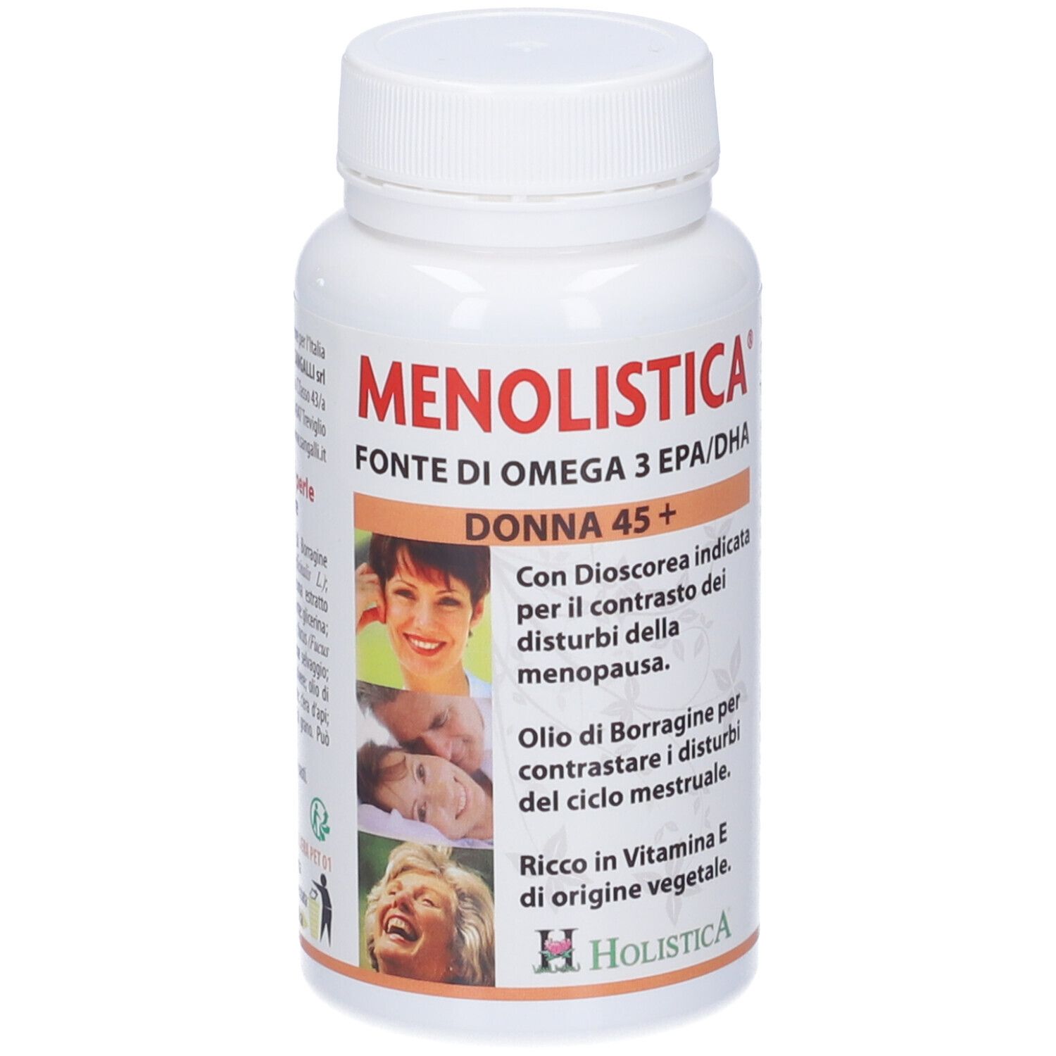 Flacone bianco di capsule. Scritta: Menolistica, Fonte di Omega 3 EPA/DHA, Donna 45+. Con immagini di donne.