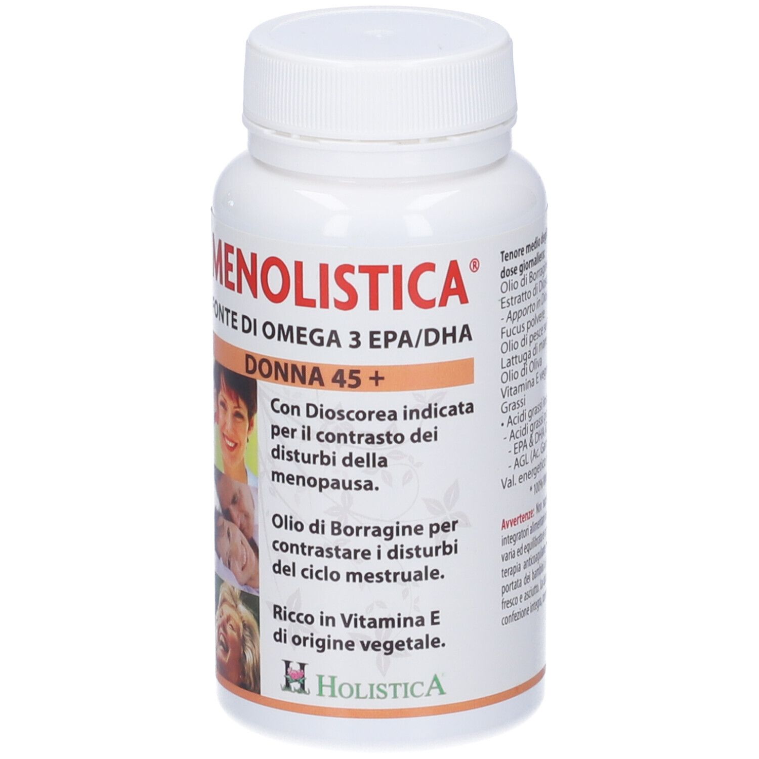 Flacone bianco di capsule. Scritta: Menolistica, Fonte di Omega 3 EPA/DHA, Donna 45+. Con immagini di donne.