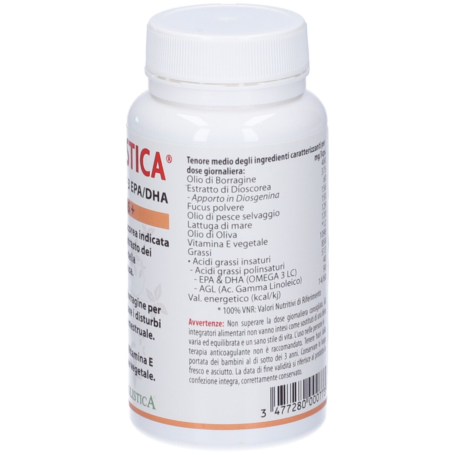 Retro del flacone bianco di capsule. Testo: Menolistica, Fonte di Omega 3 EPA/DHA. Elenco ingredienti e informazioni nutrizionali.