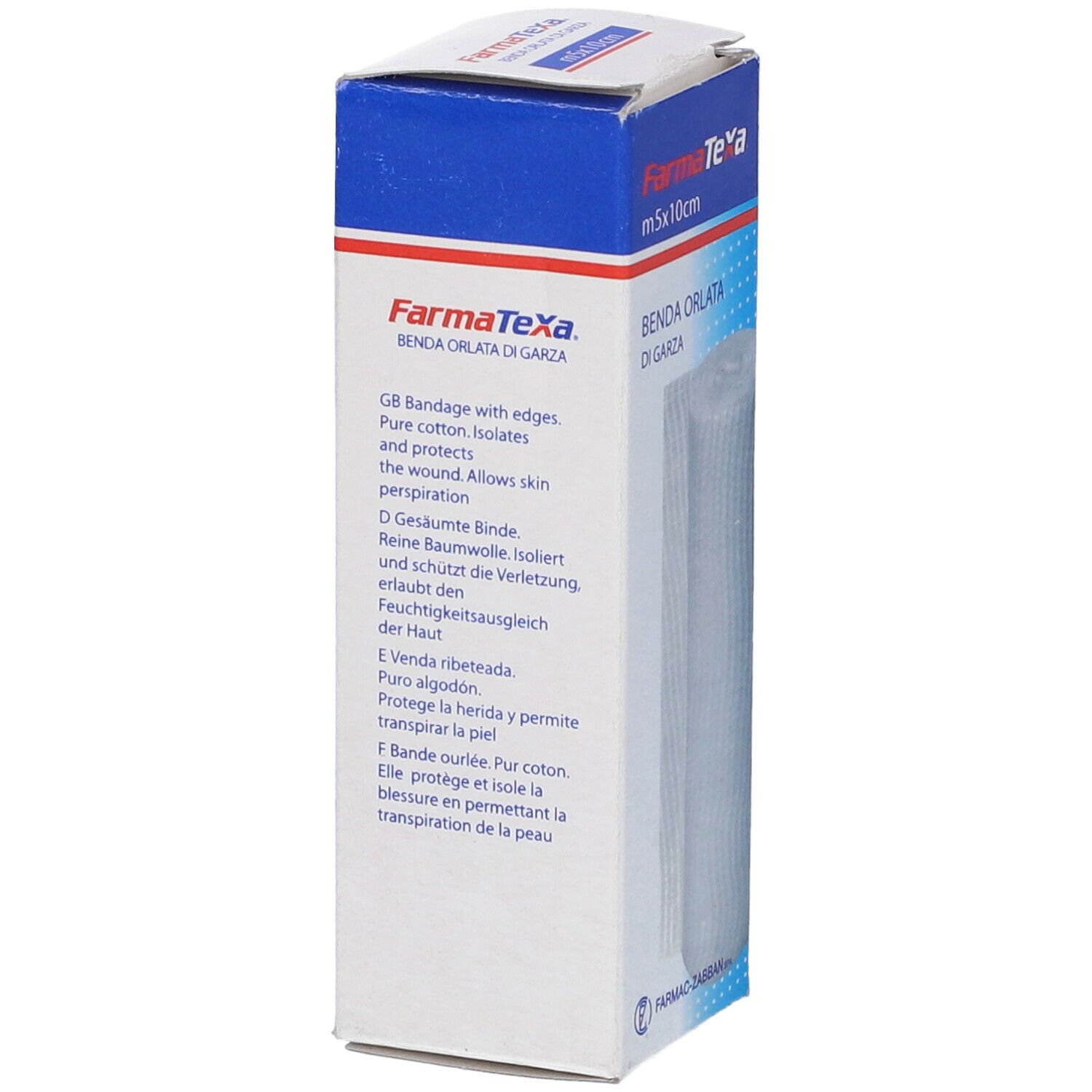 Confezione con testo. Scatola blu e bianca con nome del prodotto. Testo in inglese, tedesco, spagnolo e francese.