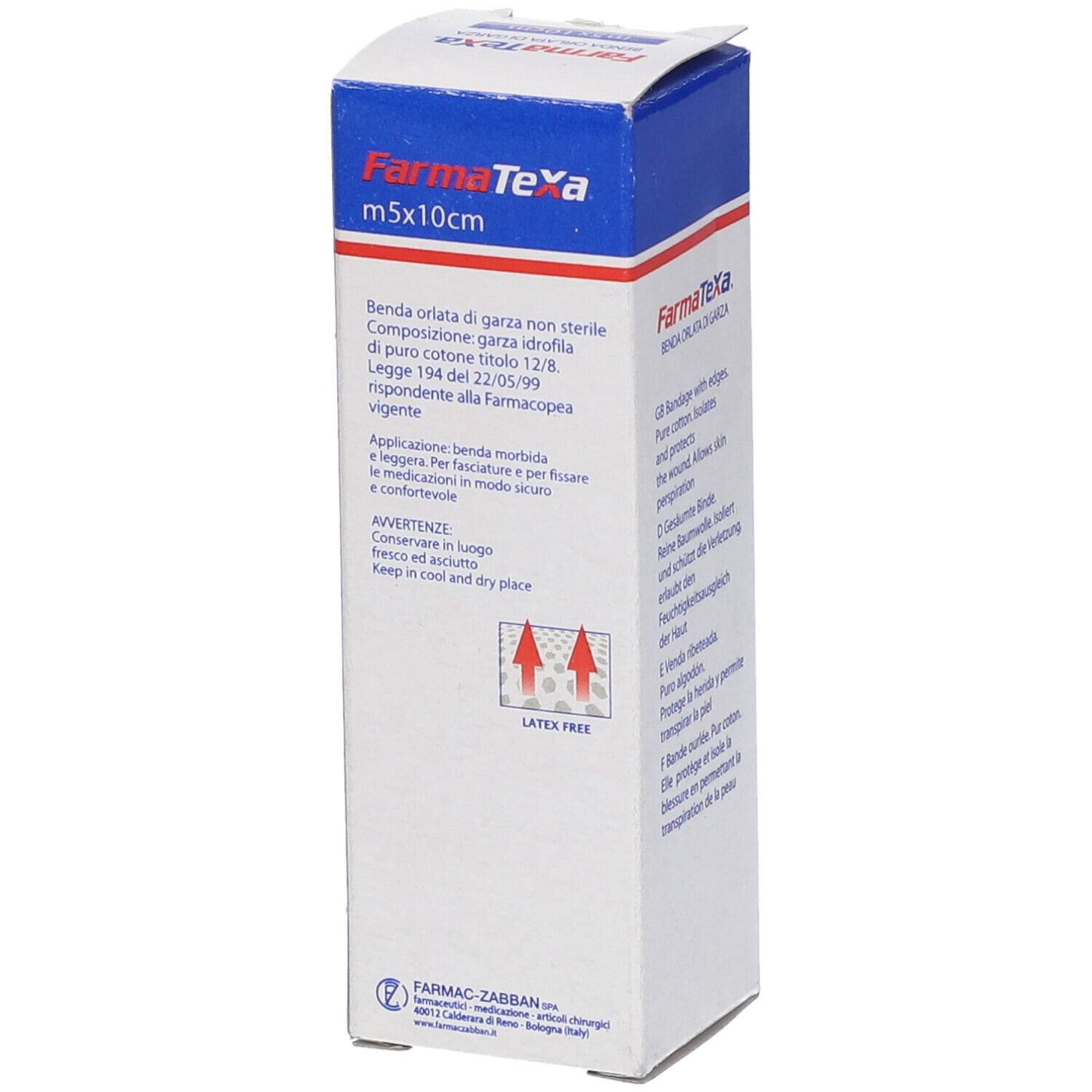 Confezione con testo. Scatola blu e bianca con nome del prodotto. Testo in italiano. Avvertenze e istruzioni.