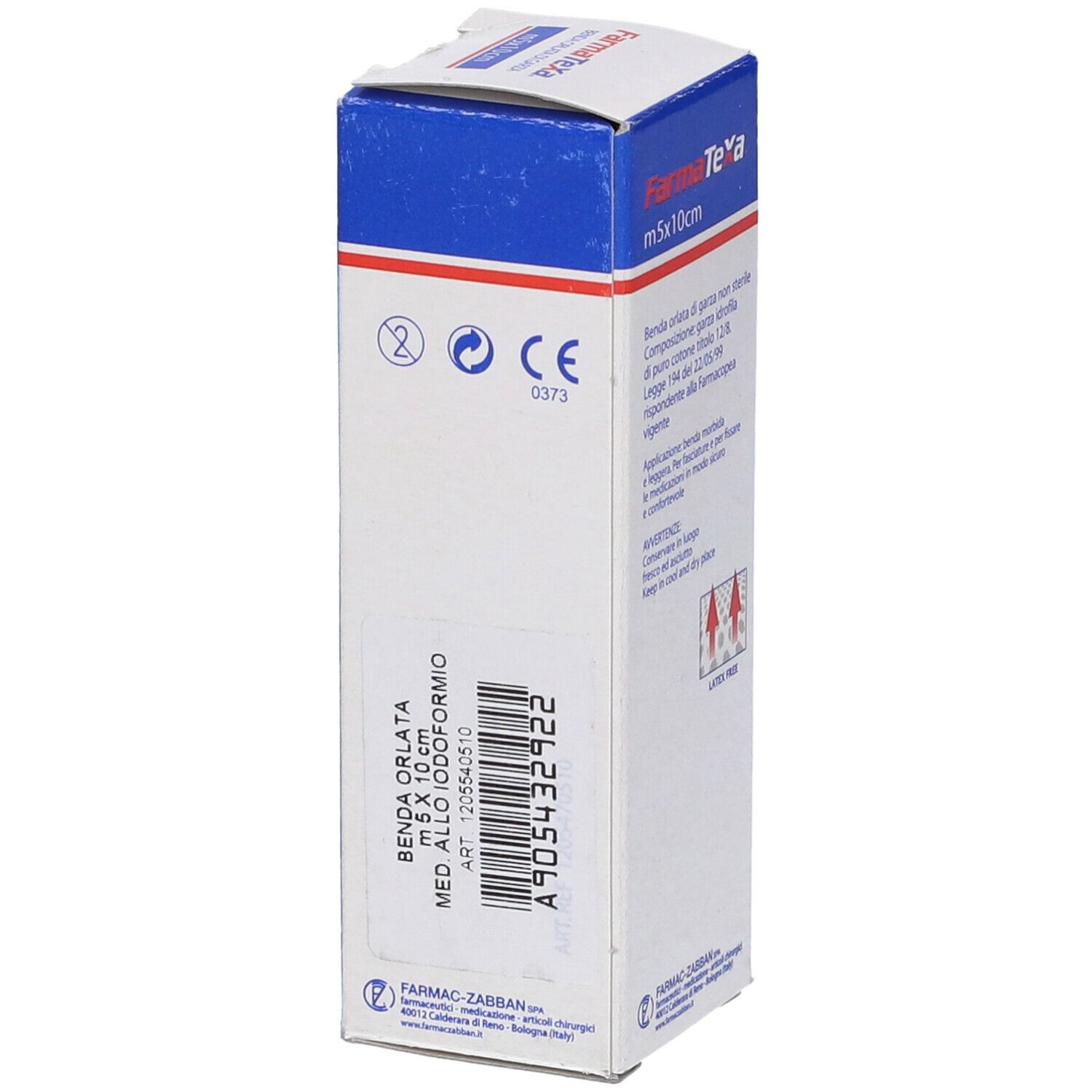 Confezione con testo. Scatola blu e bianca con nome del prodotto. Nome del prodotto e codice articolo. Marchio CE.