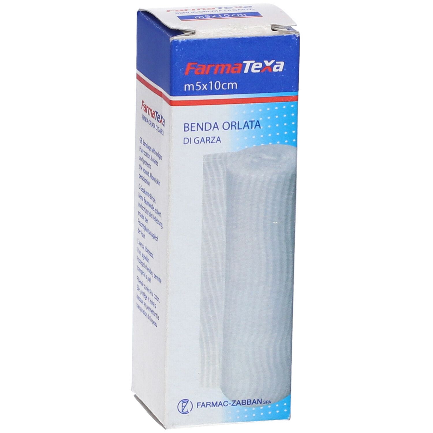 Confezione di benda orlata. Scatola blu e bianca con nome e dimensioni. Rotolo di garza visibile all'interno.